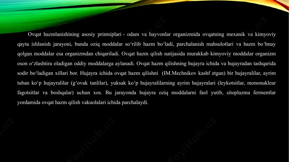 ashtirishi. oqsil, lipid va uglevodlar nisbati 1:1:4 teng. balansli ovqatlanish organizmni xayotiy zarur mahsulotlar bilan yetarli darajada ta’minlaydi ratsional ovqatlanish – bu ovqat sutkalik ratsionini to‘g‘ri taqsimlanishi essensial komponentlar almashinib bo‘lmaydigan aminokislota lar: izoleysin, leysin, lizin, metionin, fenilalanin, treonin, trip tofan, valin almashinmaydigan yog‘ kislotalar: linol, linolen, araxidon kislotalari. mikroelementlar: yod, ftor, temir, mis, kobalt va boshqalar. metabolizm (metabolizm) - bu barcha kimyoviy reaktsiyalarning yig'indisi katabolizm yoki dissimilatsiya - u murakkab organik molekulalarning oddiyroq oxirgi maxsulotlargacha parchalanishi va oksidlanishidir anabalizm yoki assimilatsiya- quyi molekulyar moddalardan hujayraning yuqori molekulyar birikmalarining sintezi. 1-bosqich oziqning hazmlanishi (ichakda kechadi) yoki molekulalarning lizasomalarda parchalanishi (hujayrada kechadi). bunda taxminan 1% energiya ajraladi va u issiqlik sifatida tarqaladi 2-bosqich hujayra ichi gidrolizi oqibatida yuzaga kelgan yoki qonda hujayraga o`tgan moddalarning pirouzum kislatasi, atsetil koa va boshqa mayda organic moddalarga aylanishi. energiyaning bir qismi issiqlik sifatida tarqab ketadi va taxminan 13% energiya atf makroergik bog`lari sifatida to`planadi. 3-bosqich …
