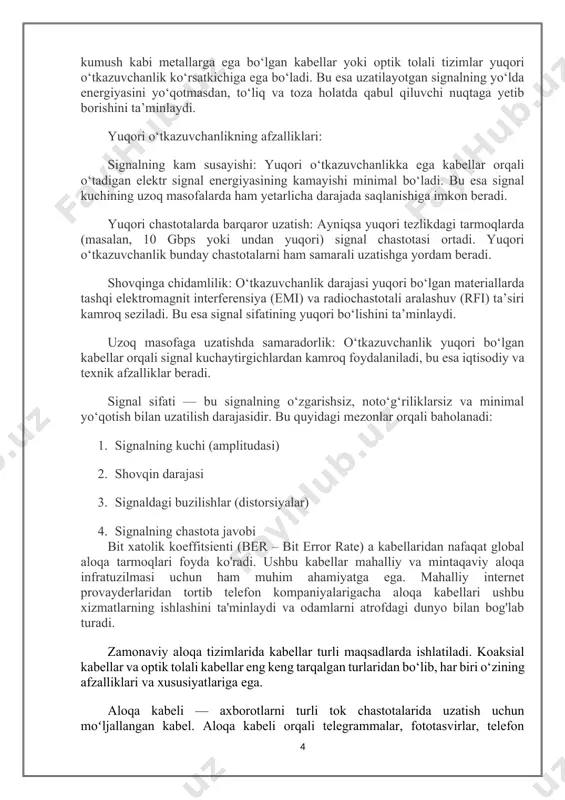 ptik tolali tizimlar yuqori o‘tkazuvchanlik ko‘rsatkichiga ega bo‘ladi. bu esa uzatilayotgan signalning yo‘lda energiyasini yo‘qotmasdan, to‘liq va toza holatda qabul qiluvchi nuqtaga yetib borishini ta’minlaydi. yuqori o‘tkazuvchanlikning afzalliklari: signalning kam susayishi: yuqori o‘tkazuvchanlikka ega kabellar orqali o‘tadigan elektr signal energiyasining kamayishi minimal bo‘ladi. bu esa signal kuchining uzoq masofalarda ham yetarlicha darajada saqlanishiga imkon beradi. yuqori chastotalarda barqaror uzatish: ayniqsa yuqori tezlikdagi tarmoqlarda (masalan, 10 gbps yoki undan yuqori) signal chastotasi ortadi. yuqori o‘tkazuvchanlik bunday chastotalarni ham samarali uzatishga yordam beradi. shovqinga chidamlilik: o‘tkazuvchanlik darajasi yuqori bo‘lgan materiallarda tashqi elektromagnit interferensiya (emi) va radiochastotali aralashuv (rfi) ta’siri kamroq seziladi. bu esa signal sifatining yuqori bo‘lishini ta’minlaydi. uzoq masofaga uzatishda samaradorlik: o‘tkazuvchanlik yuqori bo‘lgan kabellar orqali signal kuchaytirgichlardan kamroq foydalaniladi, bu esa iqtisodiy va texnik afzalliklar beradi. signal sifati — bu signalning o‘zgarishsiz, noto‘g‘riliklarsiz va minimal yo‘qotish bilan uzatilish darajasidir. bu quyidagi mezonlar orqali baholanadi: 1. signalning kuchi (amplitudasi) 2. shovqin …