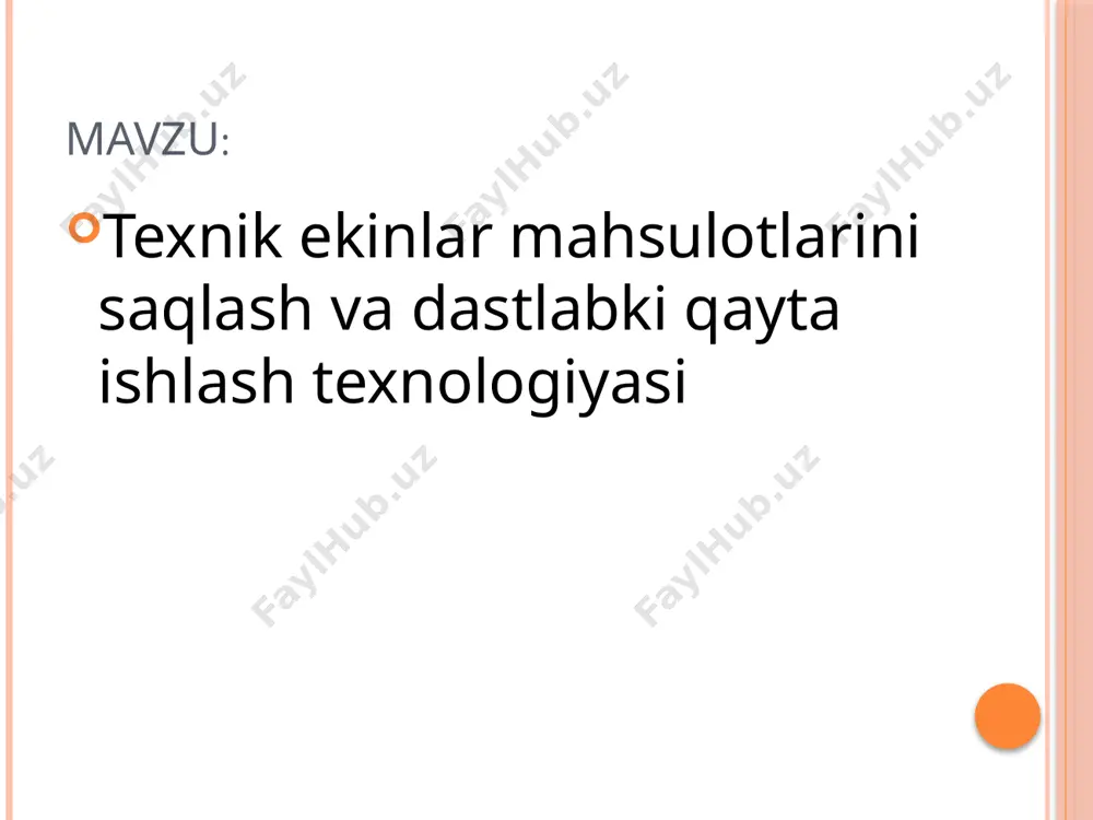 ahsulotlari ishlab chiqarilmoqda. respublikada yog‘-moy sanoati, oziq-ovqat sanoati umumiy mahsulotni hajmining 40 foizga yaqinini beradi. qo‘qon yog‘-moy kombinati tarkibida meva danaklari va sabzavot urug‘laridan moy ishlab chiqaradigan maxsus zavod ,toshkent yog‘ moy kombinatida margarin mahsulotlari (yillik quvvati 52,4 ming tonna) va mayonez (yillik quvvati 2 ming tonna), tarmoqdagi 10 ta korxonada xo‘jalik sovuni, farg‘ona yog‘ moy kombinatida atir sovun va gliserin ishlab chiqarilmoqda. o‘simlik moylari ishlab chiqarishning hozirgi zamon texnologiyalari, moyli xom ashyolarga turli haraktyerdagi jarayonlarning ta’siri asosida amalga oshiriladi. bu jarayonlar ichida mexanik jarayonlar muhim o‘rinni egallaydi. moy ishlab chiqarishdagi mexanik jarayonlarga; urug‘larni begona aralashmalardan tozalash; urug‘ini maydalash va mag‘izini qobig‘idan ajratish; mag‘iz va oraliq mahsulotlarni yanchish va boshqalar kiradi etiboringiz uchun rahmat /docprops/thumbnail.jpeg