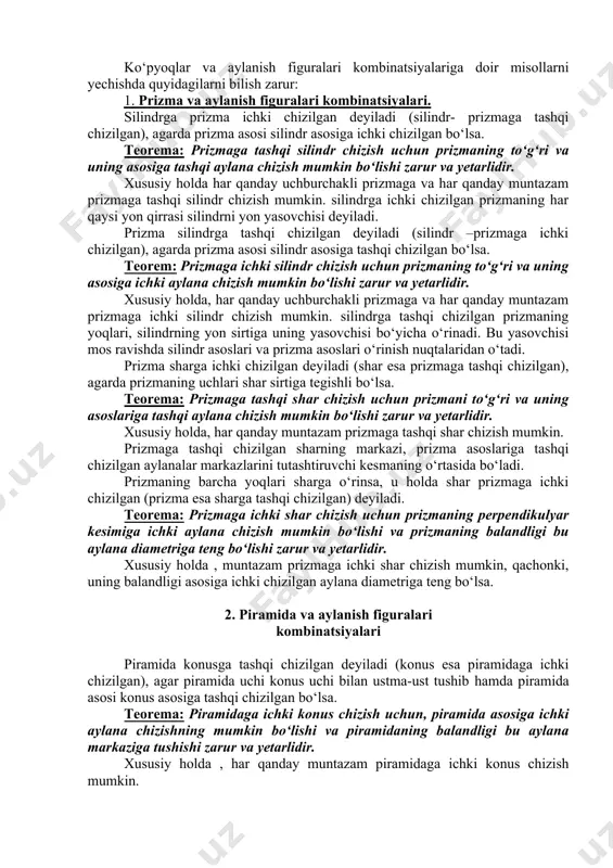 chizish mumkin. silindrga tashqi chizilgan prizmaning yoqlari, silindrning yon sirtiga uning yasovchisi bo‘yicha o‘rinadi. bu yasovchisi mos ravishda silindr asoslari va prizma asoslari o‘rinish nuqtalaridan o‘tadi. prizma sharga ichki chizilgan deyiladi (shar esa prizmaga tashqi chizilgan), agarda prizmaning uchlari shar sirtiga tegishli bo‘lsa. teorema: prizmaga tashqi shar chizish uchun prizmani to‘g‘ri va uning asoslariga tashqi aylana chizish mumkin bo‘lishi zarur va yetarlidir. xususiy holda, har qanday muntazam prizmaga tashqi shar chizish mumkin. prizmaga tashqi chizilgan sharning markazi, prizma asoslariga tashqi chizilgan aylanalar markazlarini tutashtiruvchi kesmaning o‘rtasida bo‘ladi. prizmaning barcha yoqlari sharga o‘rinsa, u holda shar prizmaga ichki chizilgan (prizma esa sharga tashqi chizilgan) deyiladi. teorema: prizmaga ichki shar chizish uchun prizmaning perpendikulyar kesimiga ichki aylana chizish mumkin bo‘lishi va prizmaning balandligi bu aylana diametriga teng bo‘lishi zarur va yetarlidir. xususiy holda , muntazam prizmaga ichki shar chizish mumkin, qachonki, uning balandligi asosiga ichki chizilgan aylana diametriga teng bo‘lsa. 2. piramida …
