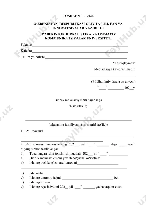ing me’yoriy talablarga muvofiq rasmiylashtirish 202___ yil “____” _______. 5. topshiriq berilgan kun _________________________________________ bitiruvchi: ____________________ ilmiy rahbar: ____________________ (imzo) (fish, lavozimi, unvoni) 6. bitiruv malakaviy ishning har bir bob va bo‘limida bajariladigan ishlarga maslahatlar bo‘lim rahbarning f.i.sh imzo, sana topshiriq berdim topshiriq oldim 1. kirish 12.01.24 14.02.24 2. 06.02.24 13.02.24 3. 20.02.24 27.02.24 4. 01.05.24 10.05.24 5. xulosa 15.05.24 22.05.24 7. bitiruv malakaviy ishni bajarish jadvali № ish bo‘limining nomi bajarish muddati bajarilishi to‘g‘risida rahbar tasdig‘i (imzo) 1. kirish 23.01.24-30.01.24 2. birinchi bob ishlab chiqilishi 06.02.24-13.02.24 3. ikkinchi bob ishlab chiqilishi 20.02.24-27.02.24 4. uchinchi bob ishlab chiqilishi 01.05.24-08.05.24 5. xulosa 15.05.24-29.05.24 bitiruvchi ________________ «______» ________________ 2024 y. (imzo) rahbar ________________ «______» ________________ 2024 y. (imzo) himoyaga ruxsat etildi fakultet dekani: ___________________________ o. zakirova kafedra mudiri: ___________________________ s. kurbonov ilmiy rahbar: ___________________________ b. mullajonov rasmiy taqrizchi: __________________________ _________ bitiruv malakaviy ishi mavzusi: “yosh onalar maktabi” youtube kanaliga videokontent yaratish jarayoni …