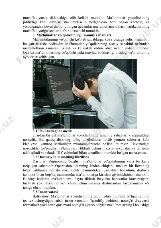 adi. bu saytdan tashqarida saqlashni o'z ichiga olgan mustahkam zaxira strategiyasiga ega bo'lish muhimligini ta'kidlaydi. 3.5 viruslar va zararli dasturlar viruslar va zararli dasturlar kabi kiber tahdidlar fayllarni buzishi, nozik ma'lumotlarni o'g'irlashi yoki hatto butun drayverlarni o'chirishi mumkin. xavfsizlik devorlari va antivirus dasturlari kabi himoya choralari bunday hujumlarning oldini olishga yordam beradi, ammo ma'lumotlarga ta'sir qilgandan so'ng, tiklash uchun odatda maxsus dasturiy ta'minot yoki professional xizmatlar kerak bo'ladi. ma'lumotlar yo'qolishining turli sabablarini tushunish ko'proq narsaga imkon beradi tarolingan va samarali ma'lumotlarni tiklash strategiyalari. shuningdek, u muntazam zaxira nusxalari va mustahkam xavfsizlik protokollarini o'z ichiga olgan profilaktika choralarining muhimligini ta'kidlaydi. 4. ma'lumotlarni qayta tiklash turlari ma'lumotlarni qayta tiklash monolit jarayon emas, balki ma'lumotlar yo'qolishining tabiati va tegishli saqlash qurilmasi turiga qarab o'zgarib turadigan ko'p qirrali harakatdir. ushbu bo'limda odatda qo'llaniladigan ma'lumotlarni qayta tiklash usullarining har xil turlari ko'rib chiqiladi. 4.1 uskunani tiklash qattiq diskdagi o'qish/yozish boshlari, motorlar yoki saqlash platalari kabi …