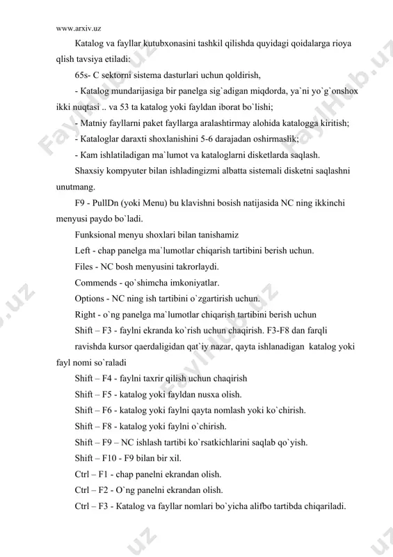 akratib, enter bosilsa, katalog joriyga aylanadi. 3. nc da fayllar guruxi bilan ishlash nc panelida kursor turgan katalog yoki fayl ajrab turishi, tugmalar bosilipshga qarab ana shu katalog va fayl ustida amal bajarish mumkin. nc uch muxim amalni fayllar guruxi ustida bir varakayiga bajarish imkoniga ega. buning uchun fayllar ajratilishi lozim. bu ish ikki yo`sinda bajariladi. bittama-bitga: ins tugmasi bosilsa, kursor turgan fayl ajraladi-odatda sarig` rangga o`tadi. shu yo`sinda istalgancha faylni ajratish mumkin. ular ajratilgan fayllar guruxini tashkil etadi. (ins qayta bosilsa, ajratish bekor qilinadi). fayl alomati bo`yicha: kulrang (ya`ni klaviaturaning eng chapdagi) ishorasi bosilsa, alomat qaraladi - *.* chiqadi. shundan so`ng enter bosilsa, barcha fayllar ajraladi (odatda sarg`ayib qoladi). avval tegishli alomat ko`rsatilib, so`ng enter bosilsa, faqat shu alomatga ega fayllar ajraydi. masalan, letter* alomati yozilib enter bosilsa, nomi letter bo`lgan fayllar ajraydi. agar *.bak alomati qo`llanilsa, bak kengaytmali hamma fayllar ajratiladi. ajratilgan fayllar guruxi ustida quyidagi amallarni bajarish …