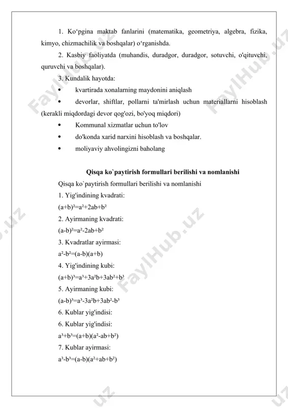qo’llashga harakat qilish. (1) va (2) tengliklar mos ravishda kublar yig’indisi va ayirmasi deb ataladi. bu formulalar ham ko’phadni ko’paytuvchilarga ajratish qo’llaniladi. o'rganish va eng samaralisini aniqlash va ko'paytirish jadvalini yodlashning turli usullari ko'paytirish jadvali, ko'p sonli 10 dan 10 gacha bo'lgan bu katta to'rni ko'rib, hamma narsani yoddan o'rganish kerak, degan fikrdan odam bezovtalanadi. "ko'paytirish jadvalini qanday o'rganish kerak?" degan savolga yagona to'g'ri javob bormi? ko'paytirish jadvali (pifagor jadvali) hisoblashni osongina o'rganishingiz mumkin bo'lgan kalkulyator turidir . yuqori qatordagi raqamlar chap ustundagi raqamlarga ko'paytiriladi, ko'paytirish natijasi ularning kesishmasidagi raqamdir [4]. kichik fokuslar 1. 0 ga ko'paytiring . 0 dagi barcha misollar 0 ga teng. 2. 1 va 10 ga ko‘paytirish. 1x1 - bu bitta birlikni bir marta olish kerakligini anglatadi. biz 1x1 = 1 ni olamiz. xuddi shunday, 10 raqami uchun. 10x1 - bu siz o'ntasini bir marta olishingiz kerakligini anglatadi. biz 10x1 = 10 ni olamiz. 10x2 - …