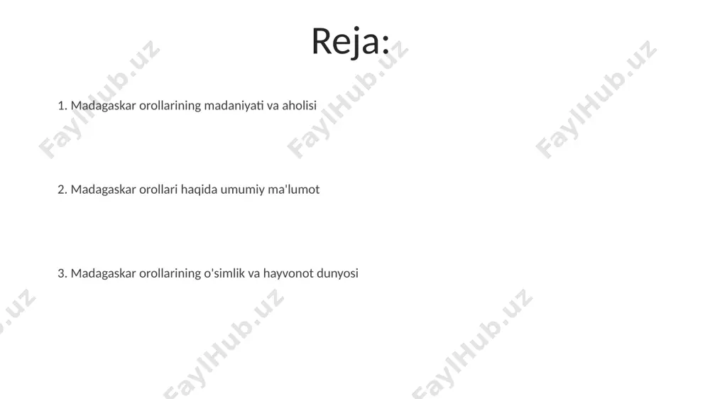 adi, bu esa orolning madaniy boyligini aks ettiradi. orolning 80% dan ortiq qismi, jumladan, antsiranana va toliara kabi hududlar, tropik o'rmonlar bilan qoplanib, noyob flora va faunani o'zida mujassamlashtirgan. e'tiboringiz uchun rahmat @taqdimot_robot image4.jpg image5.jpg image6.jpg image7.jpg image8.jpg image1.jpeg image2.jpeg