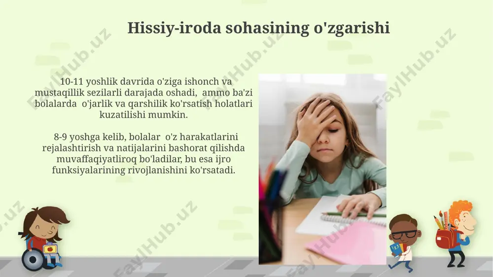 ʻsmirlik davri depressiyasi xavfi va tengdoshlar ta'siri kabi psixologik omillar kuchayadi. 8-10 yosh oraligʻida bolalar mantiqiy fikrlash qobiliyatlari sezilarli darajada oshadi, ular murakkab vazifalarni hal qilishda 2-3 xil strategiyani qoʻllashni oʻrganadilar va muammoni yechishda mustaqillikka erishadilar. tengdoshlar bilan munosabatlar 10-11 yoshdagi bolalar o'rtasidagi do'stlik munosabatlari chuqurroq va uzoq muddatli bo'lib, o'zaro ishonch va shaxsiy sirlarni saqlash kabi xususiyatlarni o'z ichiga oladi, bu esa yaqin va samimiy munosabatlarni rivojlanishiga turtki bo'ladi. yosh maktab yoshidagi bolalarda tengdoshlar bilan o'zaro munosabatlarning rivojlanishi 6-7 yoshga kelib, o'yinlarda hamkorlik va raqobatning murakkab shakllarini o'z ichiga oladi, bu esa ijtimoiy ko'nikmalarni rivojlantirishga hissa qo'shadi. xotira va e'tiborning shakllanishi yosh maktab yoshidagi bolalarda ixtiyoriy e'tibor 7-8 yoshga kelib sezilarli darajada rivojlanadi, bu ularga murakkab vazifalarni 15-20 daqiqa davomida diqqat bilan bajarish imkonini beradi. selektiv e'tibor (tanlab e'tibor berish) 8-9 yoshga kelib ancha rivojlanadi, bolalar shovqinli muhitda ham muhim ma'lumotlarga e'tiborini jamlashni o'rganadi, bu kognitiv rivojlanishning muhim ko'rsatkichidir. …