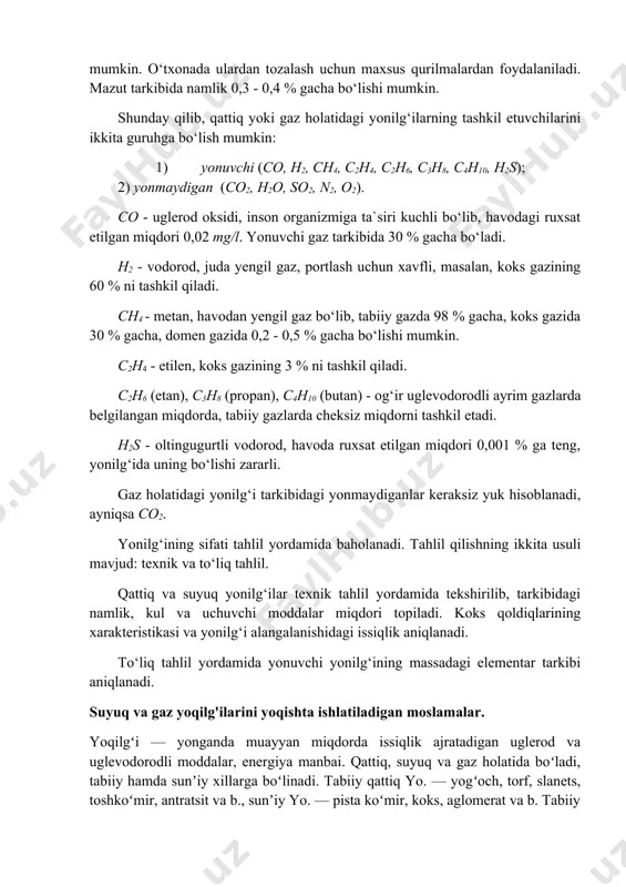 suyuq va gaz yoqilg'ilarini yoqishta ishlatiladigan moslamalar. yoqilgʻi — yonganda muayyan miqdorda issiqlik ajratadigan uglerod va uglevodorodli moddalar, energiya manbai. qattiq, suyuq va gaz holatida boʻladi, tabiiy hamda sunʼiy xillarga boʻlinadi. tabiiy qattiq yo. — yogʻoch, torf, slanets, toshkoʻmir, antratsit va b., sunʼiy yo. — pista koʻmir, koks, aglomerat va b. tabiiy suyuq yo. — neft, sunʼiysi — benzin, kerosin, mazut va b., tabiiy gazeimon yo. — tabiiy gaz, sunʼiysi — domna gazi, generator gazi va b. atom energiyasi va yarimoʻtkazgichlardan foydalanish texnikasi hamda nazariyasining rivojlanishi bilan yangi xil yo. — yadro yo.si paydo boʻldi. iqtisodiy nuqtai nazardan eng arzon yo. —neft va tabiiy gaz. dvigatellarda ishlatiladigan yo. (mas, benzin, kerosin, yadro yo.si, reaktiv yo. va b.) yonilgʻi deb ataladi. har qanday yo. va yonilgʻi issiqlik ajratuvchanl i k xossasi bilan ifodalanadi. jadvalda ish holatidagi, yaʼni isteʼmolchilarga beriladigan holatdagi yo. va yonilgilarning issiqlik ajratuvchanligi (kaloriyasi) keltirilgan: yo.ning turli xillari haqidagi …
