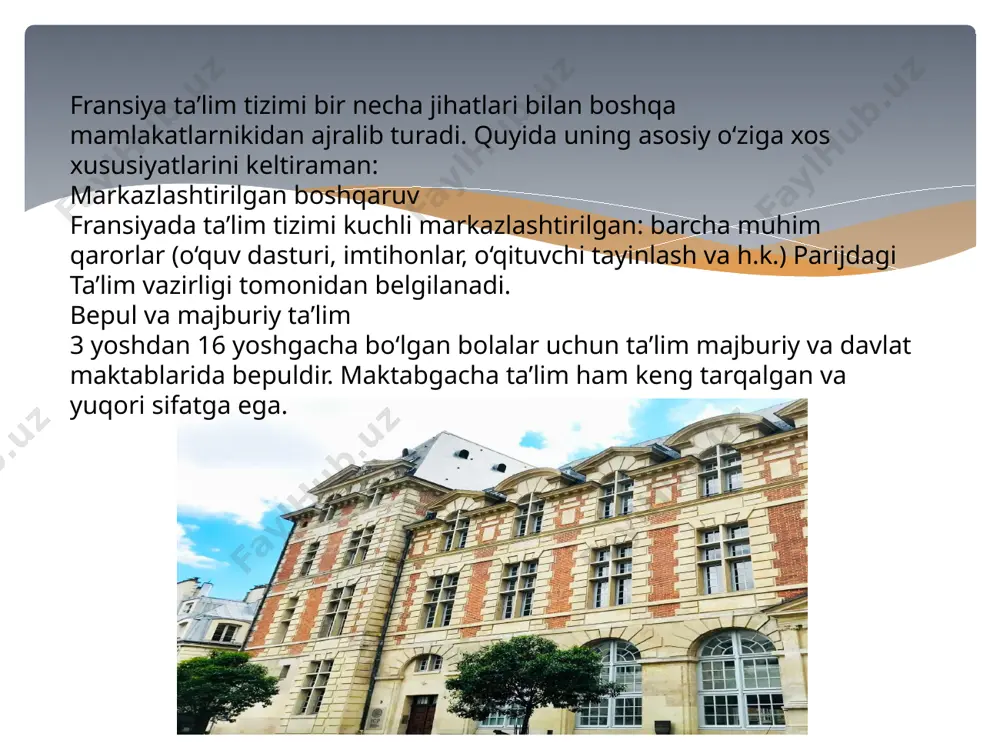 aktab (école élémentaire) – 6 yoshdan 11 yoshgacha bu bosqich majburiy hisoblanadi va 5 sinfdan iborat: cours préparatoire (cp) – 6–7 yosh cours élémentaire 1 (ce1) – 7–8 yosh cours élémentaire 2 (ce2) – 8–9 yosh cours moyen 1 (cm1) – 9–10 yosh cours moyen 2 (cm2) – 10–11 yosh mazmuni (ta’lim dasturi): boshlang‘ich ta’limda quyidagi asosiy fanlar o‘qitiladi: fransuz tili: o‘qish, yozish, tinglab tushunish, imlo va grammatikaga urg‘u beriladi. matematika: asosiy arifmetik amallar, masalalar, o‘lchov birliklari, shakllar. tabiiy fanlar (sciences): atrof-muhit, biologiya, fizika, oddiy tajribalar orqali tushunchalar. ijtimoiy fanlar: tarix va geografiyaning boshlang‘ich asoslari. fuqarolik ta’limi: odob-axloq, jamiyatdagi roli va fuqarolik burchlari. san’at va musiqa sport va jismoniy tarbiya darslar fransuz tilida olib boriladi, ammo chet tili (odatda ingliz tili) ham boshlang‘ich bosqichdan o‘rgatiladi. majburiy oʻrta va oʻrta maktab fanlari fransuz tili va adabiyoti, tarix va geografiya, chet tili, sanʼat va hunarmandchilik, musiqa taʼlimi, fuqarolik, matematika, fizika, kimyo, texnologiya …