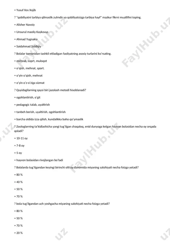 li tuzilmaviy darajalarini: fonetik, leksik, gra mmatik darajalarini shakllantirish). ushbu tasnif qaysi pedagog olimlar tomonidan ishlab chiqilgan? = f.a.soxin va o.s.ushakov =a.a.pavlob, ushinskiy =ushinskiy, vodovozova = babayeva, maqsudova ? nutqqa oid zamonaviy tadqiqotlar tizimli yondashuvga ega, bu «u yaxlit bir tizim sifatida mavjud bo‘lgan ko‘plab tashqi va ichki munosabatlar» hodisasini o‘rganishda namoyon bo‘ladi. ushbu ta’rif qaysi pedagog olimga tegishli? = 0-1 yosh = 0-2 yosh = 2-2,5 yosh = 2-3 yosh ? 1 yoshu 6 oy - 2 yoshga kelib bolaning so‘z zahirasi nechtagacha o‘sadi? = 200-300 tagacha = 300-400 tagacha = 400-500 tagacha = 500-600 tagacha ? bola nechi yoshdan boshlab tashabbus ko‘rsatib fikr bildirishni, savollar berishni, javob kutishni, o‘zi ham savollarga javob berishni, atrofdagilarga iltimos va takliflar bilan murojaat qilishni o‘rganadi? = 3 yoshdan boshlab = 2 yoshdan boshlab = 4 yoshdan boshlab = 5 yoshdan boshlab ? nechi yoshga kelib bolaning fonematik tinglash qobiliyati yangi ko‘rinishda shakllanadi? …