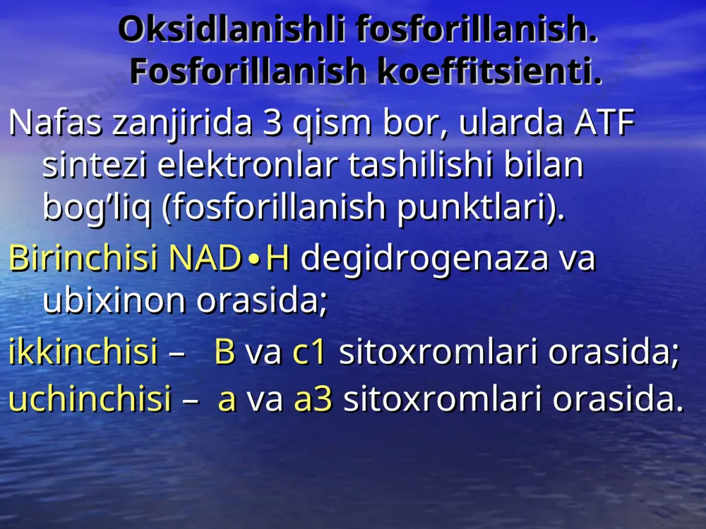 ipoksiya; oksidlanish substratlarining yetishmovchiligi – och qolish; mitoxondriya funksionalligi va strukturasi buzilshi; malonat, ftivazid, tubazid – degidrogenazalar ingibitorlarining ta’siri. 5. nafas zanjirining ingibitor ta’siri: sianidlar, vitamin a, barbituratlar, rotenon. 6. oksidlanish fosforillanishni umumlashtiruvchilar ta’siri: protonoforlar va ionoforlar protonoforlar – protonlarni membranadan tashib o’tuvchilar: yog’ kislotalar, 2,4 dinitrofenol, salitsilatlar, tiroksin. ionoforlar – anion va kationlarni tashilishini oshiruvchi moddalar: valinomitsin, nigeritsin, gramitsidin a. 7. fosforillanish ingibitorlari ta’siri (atf sinteziga ta’sir qiladi): disiklokarbodimid – protonlarni fo dan tashilishini bloklaydi; oligomitsin atf sintetazaning -polipeptidini fo dan f1 ga ta’sir qismida bog’lanadi. mavzuni mustakamlash uchun savollar: nafas zanjiri deb nima tushuniladi? vodorod ionlari manbai bulib kimlar xizmat qiladi? elektrokimyoviy tarkibga kirish mumkinmi? nafas zanjiri fermentlarining ketma-ketligi yosing. nafas zanjirning hayoti nutqida protonlar orga tomon yoki yangi matritsa xarakatlanadimi? q+ zarda va aysi reaxiyani fermentining h + -pp-sintetazasi katallady? nima uchun oksidlanish kerak? proton va elektronlarning ohirgi qabul qiluvchisi nima xizmat qiladi? nafas zanjirning kaysidir ozuqalarida …