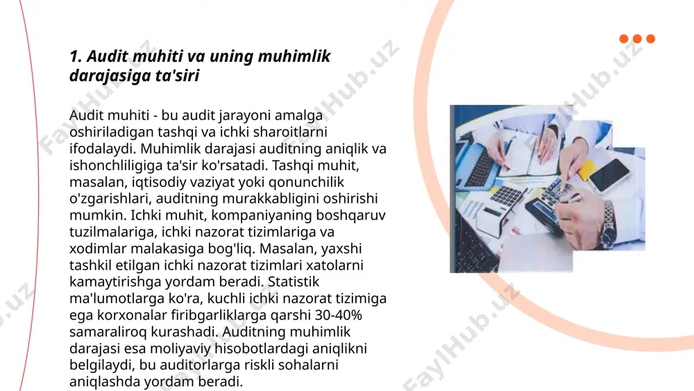 i. statistikaga ko'ra, kompaniyalarning 60% muhimlik darajasini noto'g'ri baholash tufayli zarar ko'rishi mumkin. to'g'ri baholanganda, tashkilotlar 30% gacha mablag'larini tejashlari va xavflarni samarali boshqarishlari mumkin. ... t.me/slaydai_bot 6. ichki nazorat tizimida muhimlik darajasi — bu tashkilotdagi har bir jarayon yoki faoliyatning ichki nazorat doirasidagi ahamiyatini aniqlash usuli hisoblanadi. bu tizimda, muhimlik darajasi moliyaviy, operatsion va muvofiqlik xavflariga qarshi qanday himoya choralari ko‘rilishini baholash uchun ishlatiladi. muhimlik darajasini aniqlashda bunday omillar hisobga olinadi: moliyaviy ta'sir (miqdori yoki foizi), jarayonning murakkabligi, regulator talablar va jarayonning biznes maqsadlariga ta'siri. yuqori muhimlik darajasi resurslarni to‘g‘ri taqsimlash va risklarni samarali boshqarishga yordam beradi. ... t.me/slaydai_bot 7. audit jarayonida muhimlikni aniqlash usullari audit jarayonida muhimlikni aniqlashda bir necha usullar qo'llaniladi. muhimlik darajasini aniqlash uchun auditorlar moliyaviy hisobotlarning umumiy hajmini va kompaniyaning iqtisodiy faoliyatini tahlil qilishadi. odatda, daromadlar yoki aktivlar umumiy miqdoridan ma'lum bir foiz hisoblanadi, masalan, 5%. boshqa usullardan biri hisobot elementlarining nisbiy ahamiyatini baholashdir. shuningdek, …