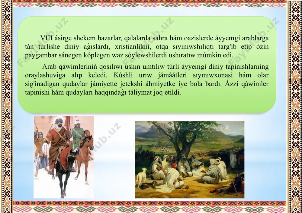 arı hám badaxshonda payda boldı. ismoiliylik táliymatı, soniń menen birge olardan ajralıp shıqqan karmotchilar islam dinine salıstırǵanda oppozistion munasábette boldı. karmat maxzabi xi asrga shekem bar edi. 676 jıl said ibn usmon buxara hám sug'diyona qalalarına júriw basladı. ol buxara hám oǵan járdemge kelgen sug'diyona, kesh, nasaf áskeriy áskerlerdi jeńiliwge ushıratdı. buxara hákimio'lpon tólewge hám shoh áwladlarınan 80 kisin girewge beriwge májbúr boldı. 704 jılǵa shekem qutayba ibn muslim xurasan noibligiga tayınlanǵanlıǵına shekem arablar talawshılıq júriwlerin toqtatmadilar. arablarga qalalardı iyelewge járdem bergen adamlar : birden-bir hákimiyattıń joq ekenligi, mayda gruppalardıń turaqlı bayramları, sonıń menen birge, arablarga járdem beretuǵın gruppalardıń bar ekenligi, orta aziya xalıqlarınıń qarsılıǵı, arab qáwimleri ortasındaǵı dawlar hám xalıq kóterilisleri sebepli arablar vii ásir dawamında orta aziya xalıqların jawlap alıw eta almadılar. xalifa abdumalik patshalıq etken dáwirdiń aqırında ummaviylar dinastiyasining jaǵdayı talay jaqsılandi. qáwimler ortasındaǵı daw - jánjeller tugadi. endi arablar xalifalıǵı orta aziyanı pútkilley hám uzil kesil …