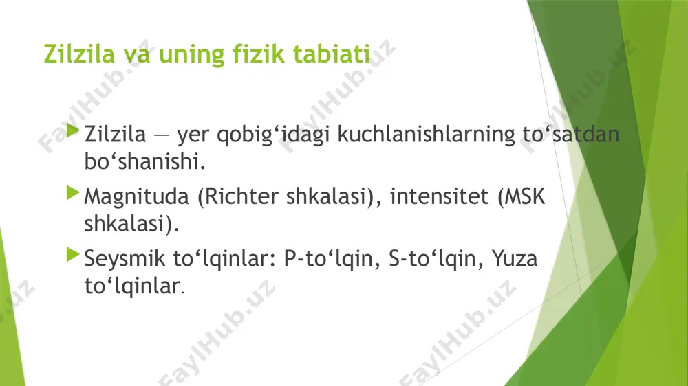 ezonans chastotalarini oldindan aniqlash • kompyuter modellashtirish va zilzilabardoshlik sinovlari orqali bino va ko‘priklarning tebranish xatti-harakatlari oldindan tahlil qilinadi. rezonans xodisasiga uchragan inshootlar foydalanilgan adabiyotlar 1 a. n. nazarov – zilzilabardoshlik asoslari, 2024 yil, toshkent. 2. m. t. jo‘rayev – inshootlarning seysmik mustahkamligi, 2023 yil, samarqand. 3. d. b. mahkamov – qurilish konstruksiyalarining zilzilabardoshligi, 2022 yil, toshkent. 4. s. h. qodirov – seysmodinamik nazariyalar va amaliyot, 2024 yil, buxoro. image1.jpeg image2.jpeg image3.gif image4.jpeg /docprops/thumbnail.jpeg