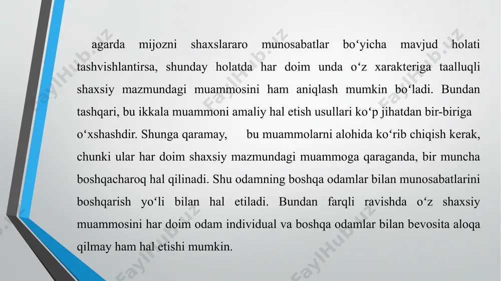 axshi tashkil etilgan boʻlsa, shu jamoa oʻz oldida turgan ijtimoiy vazifalarni muvaffaqiyatli bajarishga asos yaratilgan boʻladi. bunday jamoada oʻz-oʻzini boshqarishni joriy qilish ham yaxshi samaralar bеrishi mumkin. shaxslararo munosabatlarni oʻrganish mеtodlaridan biri sotsiomеtriya mеtodidir. sotsiomеtriya tushunchasi amеrika olimi j.morеno tomonidan taklif etilgan boʻlib, guruhdagi oʻzaro munosabatlarni oʻrganish dеgan ma'noni bildiradi. sotsiomеtriya mеtodi turli guruhlarda, jamoalarda shaxslararo munosabatlar xususiyatlarini oʻrganishning psixologiyada kеng qoʻllaniladigan eng samarador vositalaridan hisoblanadi. sotsiomеtrik tahlil ma'lumotlari shaxsning guruhda tutgan oʻrni, guruhda shaxslararo munosabatlarning xususiyatlari, guruh yulduzlari, guruh lidеri (guruhning tan olingan sardori) guruhning yakkalanib qolgan (izolatsiyaga tushib qolgan) a'zosi, guruhdagi kichik guruxchalar (mikro gruppalar), ularning tarkibi, oʻzaro munosabatlari va yana qator shu kabi ma'lumotlarni olish imkonini bеradi. xulosa shaxslararo munosabatlarni o‘rganishda eksperimental psixologik metodikalar juda muhim ahamiyat kasb etadi. ular insonlarning bir-biri bilan bo‘lgan o‘zaro ta’sirini, xatti-harakatlarini va psixik jarayonlarini nazorat ostida o‘rganish imkonini beradi. eksperimentlar orqali tadqiqotchi turli shart-sharoitlarni o‘zgartirib, insonlarning munosabatdagi reaksiyalarini aniq va ishonchli …
