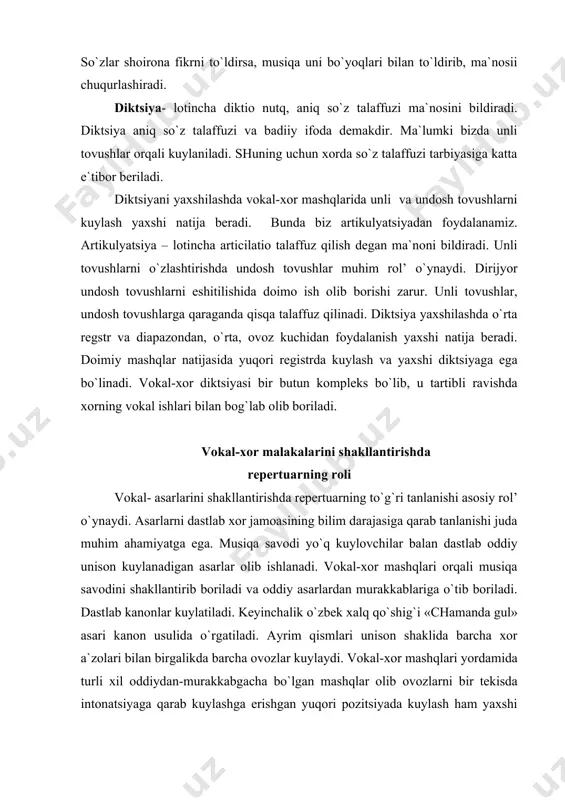 mikasi bilan kuylatish lozim. shundan so`ng asta-sekin ovozlarni bir-biri bilan qo`shib kuylatish, avval birinchi, so`ng ikkinchi ovozlarni birlashtirib kuylatish lozim. shunda ham asar ohangini va xorni sinchikovlik bilan kuzatish lozim. dirijyorning qo`l harakatlariga jiddiy rioya qilgan holda sof tovush va sof diktsiya bilan kuylashga erishish zarur. asardagi so`zlarni unli va unsizlarini to`g`ri kuylatishga erishmoq zarur. foydalanilgan adabiyotlar: 1. gudkova p. g, vasil’eva a.b «ashula darsligi metodikasi» , 1973. 2. ro`ziev sh «xorshunoslik». t. 1987. 3. qodirov r. g`. «boshlang`ich sinfda ko`p ovozli kuylash». t 1997.