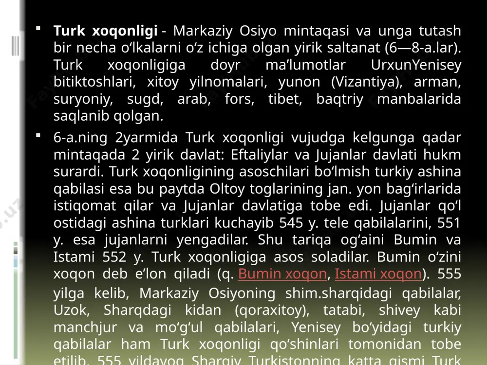 tiradi va 10 yil davomida, asosan, xitoy bilan kurash olib boradi. 2 marta, 624—626 yillarda poytaxt chananni qurshab oladi. uning oʻlimidan soʻng sharqiy turk xoqonligi 50 yilga yaqin xitoyga karam boʻlib qoladi. oʻz davrida "oʻn oʻq xoqonligi" deb yuritilgan gʻarbiy turk xoqonligi istamining oʻgʻli tardu xoqon (576—603) sosoniylar eroniga qarshi janglar olib borib, gʻarbda oʻz hokimiyatini kuchaytirdi. uning oʻgʻli sheguy xoqon (610— 618) davrida xoqonlik qoʻshinlari jan.gʻarbiy hududlarda faol harakat yurita boshlaydi. u eronning shim.sharqiy viloyatlariga xujum uyushtirib, sosoniylar ustidan yirik gʻalabaga erishadi va isfahon, ray kabi shaharlarni qoʻlga kiritadi. uning inisi tun yabgʻu (tunshexu; 618—630) xoqonlikning gʻarbdagi nufuzini yanada mustahkamlaydi. u hukmronlik qilgan davrda turk xoqonligi ning chegarasi gʻarb va jan.gʻarbda, jan.sharqiy yevropa dashtlari, kavkaz, volgaboʻyi, gurgon, marv, hind daryosining yuqori havzalari, shim. hindiston va afgʻonistonning aksariyat viloyatlarini oʻz ichiga olardi. uning shad unvonli oʻgʻli boshchiligidagi xoqonlik qoʻshinlari vizantiya imperatori irakliy bilan birgalikda 627—628 yillarda jan. kavkazga safar uyushtiradi …