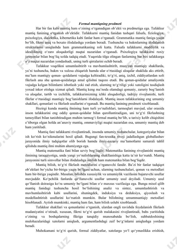nayotgan muhim belgilarni, ya’ni fikrlash elementlarini a, v, s,..., n bilan belgilasak, tushunchaning mantiqiy strukturasini a (a, v, s,..., n) shaklida simvolik tarzda ifodalash mumkin. hukm (mulohaza)larda predmet bilan uning xossasi, predmetlar o‘rtasidagi munosabatlar, predmetning mavjudligi haqidagi fikrlar tasdiq yoki inkor shaklda ifoda etiladi. masalan, “hunarli kishi – xor bo‘lmas” degan hukmda predmet (hunarli kishi) bilan uning xossasi (xor bo‘lmas) o‘rtasidagi munosabat qayd etilgan. “adxam karimning ukasi”degan hukmda ikkita predmet (adxam va karim) o‘rtasidagi munosabat qayd etilgan. mazmun jihatdan turli xil bo‘lgan bu hukmlar tuzilishiga ko‘ra bir xildir: ularda predmet haqidagi tushuncha (s) bilan predmet belgisi haqidagi tushuncha (p) o‘rtasidagi munosabat qayd etilgan, ya’ni r ning s ga xosligi tasdiqlangan. umumiy holda hukmning mantiqiy tuzilishini s—r formulasi yordamida ifoda etish mumkin. tushuncha va hukmni farqlashda ularning shakli e’tiborga olinadi. masalan: a’lochi o‘quvchi(tushuncha) va o‘quvchi a’lochidir (hukm). yuqoridagi misollar tafakkur shakli fikrning konkret mazmuniga nisbatan mustaqil holda mavjud bo‘lishini va o‘ziga …