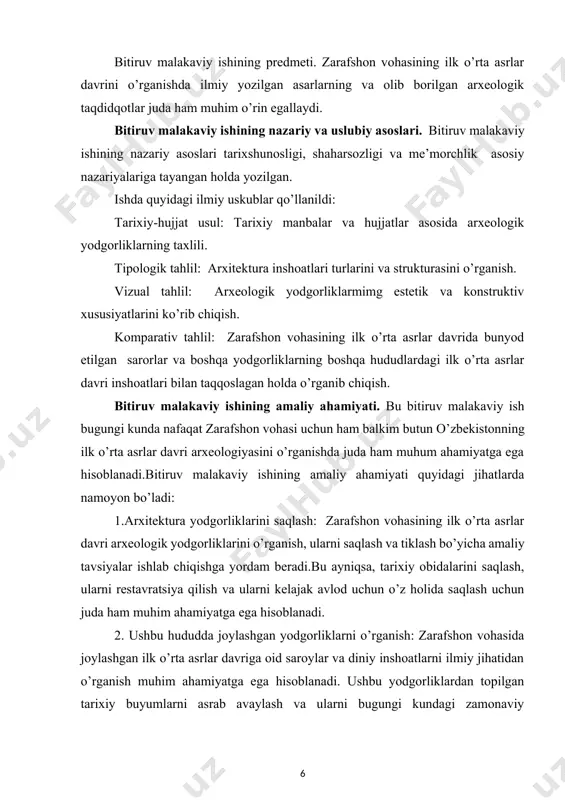 rivojlantirish imkonini beradi. ushbu bitiruv malakaviy ish ,zarafshon vohasining ilk o’rta asrlar davri arxeologiyasini o’rganishning ahamiyati va ushbu hududda joylashgan yodgorliklarni saqlash va ularni kelajak avlod uchun yaxshi saqlash imkoniyatlarini yaratib beradi. bitiruv malakaviy ishining tuzilishi va hajmi. ushbu bitiruv malakaviy ishi kirish, ikki bob, xulosa, foydalanilgan manba va adabiyotlar ro’yxatini o’z ichiga olgan. bitiruv malakaviy ishining umumiy hajmi 70 betni tashkil qiladi. i-bob zarafshon vohasining ilk o’rta asrlardagi ijtimoiy-siyosiy va madaniy rivojlanishi. 1.1.zarafshon vohasining geografik joylashuvi va tabiiy sharoiti. qadimgi zarafshon daryosi fors tilidan tarjima qilinganida – “zar oqadigan daryo” degan ma’noni anglatadi. bundan qumlari oltin bilan toʻyingan voha nomi kelib chiqadi. jugʻrofiy joylashuvi jihatidan zarafshon vohasi oʻzbekistonning markaziy qismini oʻz ichiga oladi, shimoldan nurota togʻlari, qumli sundukli choʻllari, gʻarb va shimoli-gʻarbdan qoraqum va qizilqum choʻllari oʻrab turtadi. zarafshon vohasi oʻzbekiston hududida goh kengayib, goh torayib boradi. kengaygan qismida samarqand, buxora va qorakoʻl vohalari, toraygan qismida – hazar va …