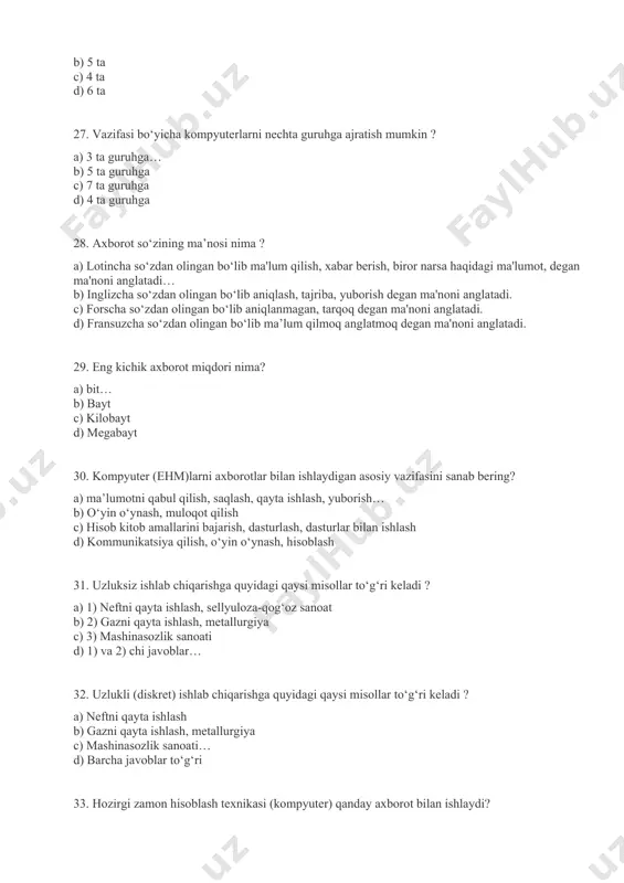 sh… b) o‘yin o‘ynash, muloqot qilish c) hisob kitob amallarini bajarish, dasturlash, dasturlar bilan ishlash d) kommunikatsiya qilish, o‘yin o‘ynash, hisoblash 31. uzluksiz ishlab chiqarishga quyidagi qaysi misollar to‘g‘ri keladi ? a) 1) neftni qayta ishlash, sellyuloza-qog‘oz sanoat b) 2) gazni qayta ishlash, metallurgiya c) 3) mashinasozlik sanoati d) 1) va 2) chi javoblar… 32. uzlukli (diskret) ishlab chiqarishga quyidagi qaysi misollar to‘g‘ri keladi ? a) neftni qayta ishlash b) gazni qayta ishlash, metallurgiya c) mashinasozlik sanoati… d) barcha javoblar to‘g‘ri 33. hozirgi zamon hisoblash texnikasi (kompyuter) qanday axborot bilan ishlaydi? a) raqamli axborot (0, 1)… b) analog signal (uzluksiz) c) pnevmatik signal (20 kpa-100 kpa) d) noaniq mantiq shakldagi axborot 34. boshqarish tizimida turg‘unlashgan rejim deb nimaga aytiladi ? a) xato yoki nomoslik nolga teng bo‘lgandagi texnologik jarayonning rejimi… b) ichki yoki tashqi sharoitlarning o‘zgarishi sababli rostlanuvchi kattalikning ayni qiymati berilgan qiymatidan chetga chiqishi c) g‘alayonlar ta’sirida xato paydo …