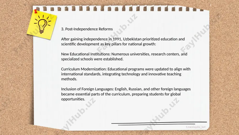 . these technological advancements aim to support more interactive and effective teaching methods, preparing students for a digitally-oriented future. ... t.me/slaydai_bot the evolution of curriculum standards in uzbekistan has been marked by significant reforms since gaining independence in 1991. initially, the country retained a soviet-style education system. by the late 1990s, uzbekistan introduced educational reforms aimed at modernizing curriculum standards to align with international practices. the 1997 law on education set the groundwork for these changes. in the 2000s, the national program for personnel training was implemented, emphasizing critical thinking and competency-based education. in 2017, further reforms were introduced, focusing on stem and vocational education to meet labor market demands. by 2021, the ministry of public education launched new educational standards, integrating digital technologies and multilingual education. these reforms aim to increase competitiveness and adapt to global educational trends, impacting over 9,500 schools nationwide. ... t.me/slaydai_bot 10. teacher training and …