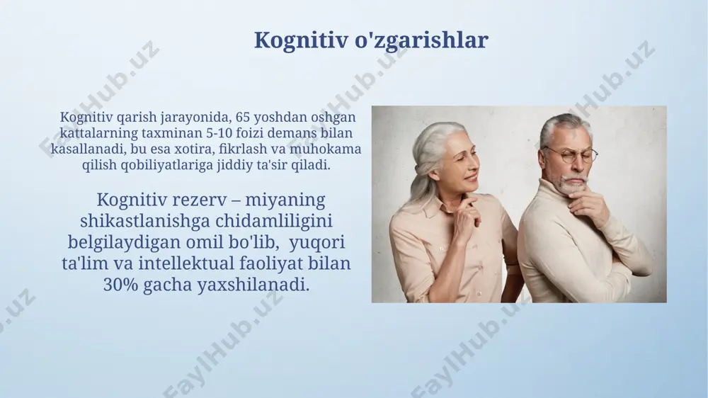 rni saqlash va yangi munosabatlarni rivojlantirishdir. tadqiqotlar shuni ko'rsatadiki, 65 yoshdan oshganlarning 70% dan ortig'i ijtimoiy faollikni yuqori baholaydi. qarishning psixologiyasi: kirish odamlarning 85% dan ko'prog'i keksayganda uyda qolishni afzal ko'rishadi, lekin bu ularning mustaqilligi va ijtimoiy integratsiyasiga tahdid solishi mumkin. keksalik davrida 70% dan ortiq odamlarda ruhiy tushkunlik va xavotir holatlari kuzatiladi, bu esa ijtimoiy aloqalar va hayot sifatiga salbiy ta’sir ko'rsatadi. shaxsiyatning o'zgarishi keksayish jarayonida shaxsiyatning 50% dan ortig'i o'zgarmasligini ko'rsatuvchi tadqiqotlar mavjud bo'lib, bu barqarorlik omili genetika va hayot tajribasiga bog'liq. keksa odamlarda introvertlik va ekstravertlik kabi temperament xususiyatlari nisbatan barqaror bo'lsa-da, neyrotizm darajasi va emotsional barqarorlik o'zgarishi mumkin. ijtimoiy munosabatlar va yolg'izlik keksa yoshdagi odamlarning 70% dan ortig'i ijtimoiy izolyatsiyaga duch kelishi mumkin, bu esa ruhiy salomatlikka, xususan, depressiya va xavotirga olib keladi. ijtimoiy aloqalarning yo'qligi yoki cheklanganligi keksa odamlarda kognitiv pasayish xavfini 2-3 baravar oshirishi mumkinligi isbotlangan. qarish bilan bog'liq kasalliklarning psixologik ta'siri artrit kabi …