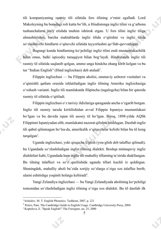 niya maktablarida o‘qitiladigan turli xil ingliz tiliga ishora qiladi. standart ingliz ingliz yoki ingliz standart ingliz (brse) sifatida ham tanilgan. britaniyada ingliz tilidan foydalanishni hech qanday rasmiy organ hech qachon tartibga solmagan bo‘lsa-da, 18-asrdan beri britaniya maktablarida standart ingliz ingliz tilining juda qattiq modeli o‘qitiladi. standart ingliz tili ba’zan received pronunciation (rp) ning sinonimi sifatida ishlatiladi. biroq, jon algeo ta’kidlashicha, talaffuzdagi ko‘plab farqlarga qaramay, “britaniya ingliz tili boshqa ingliz nutqlariga qaraganda hozirgi standart ingliz tiliga yaqinroq o‘xshaydi” deya ta`rif bergan[footnoteref:6]. [6: g. v. chernov american version. english-russian and russian-english dictionary. — m., 2010–1088 3. ] 18-19-asrlarda noshirlar va pedagoglar o‘zlari to‘g‘ri deb hisoblagan grammatik va leksik xususiyatlar to‘plamini aniqladilar va bu xususiyatlar bilan tavsiflangan xilma-xillik keyinchalik standart ingliz deb nomlana boshlandi. ingliz tili 19-asrga asrda, ikki markaz, standart ingliz ikki xilda paydo bo‘ldi: britaniya va aqsh. ular talaffuzda bir-biridan juda farq qilar edi, grammatika jihatidan juda yaqin edi va imlo …