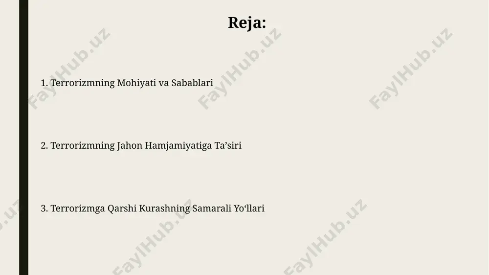 iroq samaradorlik darajasi past. shu sababli, oldini olish strategiyasi, masalan, ta'lim va iqtisodiy rivojlantirishga urgʻu berish zarur. terrorizmning jahon miqyosidagi tahdidlari jahon miqyosida yiliga o‘rtacha 10 000 dan ortiq terroristik hujumlar sodir bo‘lib, 20 mingdan ortiq odam halok bo‘ladi, bu esa butun dunyo bo‘ylab siyosiy va iqtisodiy beqarorlikka olib keladi. afg‘onistondagi tolibonlarning qayta qurulishi va yaqin sharqdagi “islom davlati”ning faoliyati kabi omillar xalqaro terrorizmning kuchayishiga va mintaqaviy mojarolarning eskalatsiyasiga olib kelmoqda. terrorizmning mohiyati va kelib chiqishi terrorizmning mohiyati – qo‘rquv va dahshat tarqatish orqali siyosiy maqsadlarga erishishga qaratilgan zo‘ravonlik harakatlari bo‘lib, 2001-yildagi 11-sentyabr voqealari global miqyosda uning xavfliligini ko‘rsatdi. terrorizmning kelib chiqishi murakkabdir va siyosiy, iqtisodiy va ijtimoiy omillar, masalan, adolatsizlik, kambag‘allik va siyosiy zulm kabi omillar bilan bog‘liq bo‘lib, 20-asrning ikkinchi yarmida keskin oshdi. terrorizmning ijtimoiy-psixologik ta'siri terrorizmning ijtimoiy-psixologik ta'siri natijasida o'zbekistondagi 2000-yillarda sodir bo'lgan hujumlardan keyin aholi orasida 30% ga yaqin qo'rquv va ishonchsizlik darajasi oshganligi kuzatildi. 2015-yilda …