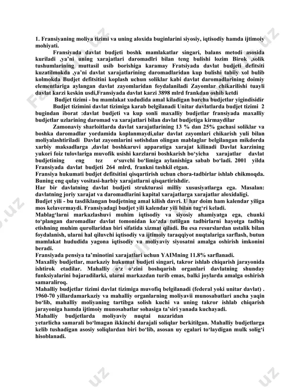 ar ishlab chikmoqda. buning eng qulay vositasi-harbiy xarajatlarni qisqartirishdir. har bir davlatning davlat budjeti strukturasi milliy xususiyatlarga ega. masalan: davlatning joriy xarajat va daromadlarini kapital xarajatlarga xarajatlar aloxidaligi. budjet yili - bu tasdiklangan budjetning amal kilish davri. u har doim ham kalendar yiliga mos kelavermaydi. fransiyadagi budjet yili kalendar yili bilan tug‘ri keladi. mablag‘larni markazlashuvi muhim iqtisodiy va siyosiy ahamiyatga ega, chunki to‘plangan daromadlar davlat tomonidan ko‘zda tutilgan tadbirlarni hayotga tadbiq etishning muhim qurollaridan biri sifatida xizmat qiladi. bu esa resurslardan ustalik bilan foydalanish, ularni hal qiluvchi iqtisodiy va ijtimoiy taraqqiyot nuqtalariga sarflash, butun mamlakat hududida yagona iqtisodiy va moliyaviy siyosatni amalga oshirish imkonini beradi. fransiyada pensiya ta’minotini xarajatlari uchun yaimning 11.8% sarflanadi. maxalliy budjetlar, markaziy hukumat budjeti singari, takror ishlab chiqarish jarayonida ishtirok etadilar. mahalliy o‘z o‘zini boshqarish organlari davlatning shunday funksiyalarini bajaradilarki, ularni markazdan turib emas, balki joylarda amalga oshirish samaraliroq. mahalliy budjetlar tizimi davlat tizimiga muvofiq belgilanadi …