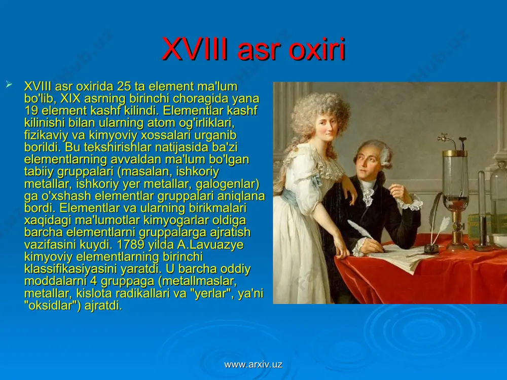 z www.arxiv.uz oktavalar qonuni ingliz olimi nyulends 1863 yilda o'zining oktavalar qonunini kashf etdi. u elementlarni ularning atom og'irliklari ortib borish tartibida bir qatorga joylashtirganda, xar qaysi sakkizinchi element uz xossalari bilan birinchi elementga o'xshash bo'lishini kurdi. bu tartib muzika notasidagi gammalar kabi takrorlandi. www.arxiv.uz www.arxiv.uz nemis olimi lotar meyer 1864 yildagi sistemasi nemis olimi lotar meyer 1864 yilda uz sistemasini ishlab chikdi. u 27 ta elementni valentliklariga qarab olti gruppaga bo'ldi. u uz asarini "atom og'irliklarning son bilan ifodalanadigan kiymatlarida biror qonuniyat borligiga shubxa bo'lishi mumkin emas" degan ibora bilan tugatdi. meyer o'zining ikkinchi makolasida (uning makolasi mendeleyev makolasidan keyin nashr kilingan edi) elementlarning solishtirma xajmlari davriy ravishda uzgarishini (ya'ni bir necha elementdan keyin kaytarilishini) kashf etdi. bu kashfiyot katta axamiyatga ega bo'ldi,lekin davriy qonunni ta'riflash uchun yetarli emas edi. www.arxiv.uz www.arxiv.uz d.i.mendeleyevdan oldin olib borilgan ishlarni mazmuni d.i.mendeleyevdan oldin olib borilgan ishlarning xech birida kimyoviy elementlar orasida o'zaro …