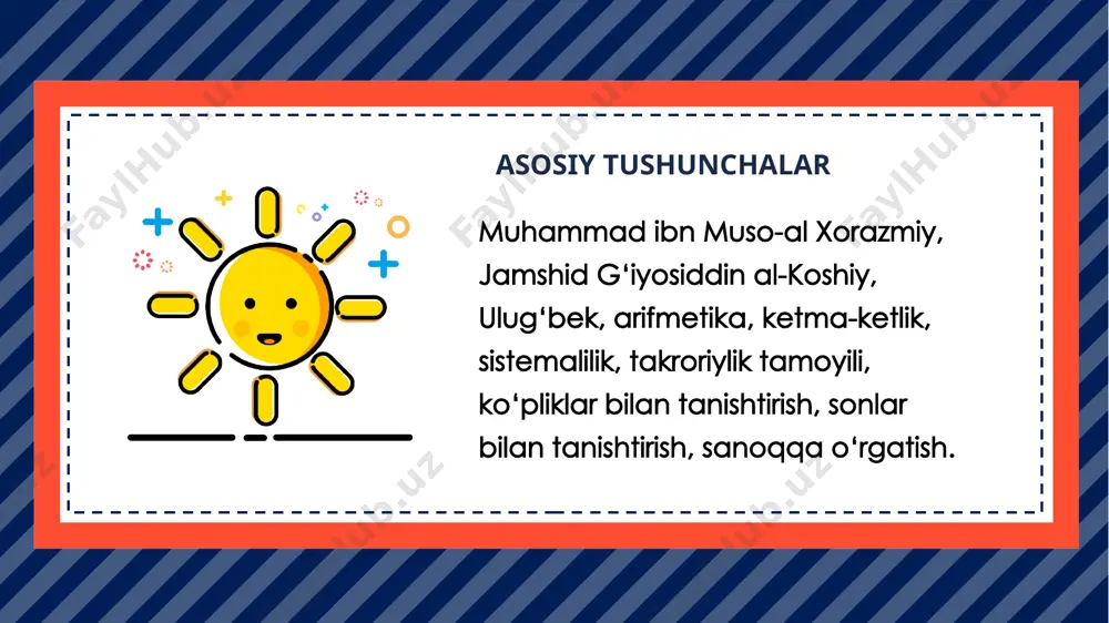 gan kuzatishlar bo‘yicha tuzilgan jadvallardan iborat. zijida yil hisobi jadvallari, trigonometrik jadvallar, sayyoralar harakati jadvali va yulduzlar ro‘yxati bor. ulug‘bekning trigonometrik jadvallari 10 ta o‘nli xona aniqligida hisoblangan. jamshid g‘iyosiddin al-koshiy o‘rta osiyolik atoqli matematik va astronom. to‘liq ismi jamshid ibn ma’sud ibn maxmud g’iyosidin al koshiy. taxminan 1430 yilda samarqandda vafot etgan. uni «koshoniy” ham deb atashadi, chunki u eronning koshon shahrida tug‘ilgan. koshoniyning tarjimai holi haqida deyarli ma’lumotlar yo‘q. ba’zi matematika tarixchilarining yozishiga qaraganda u boshlang‘ich ma’lumotni o‘z ona shahri koshiyda olgan. koshiy ulug‘bek madrasasida astronomiya va matematikadan dars berdi. bir vaqtning o‘zida u ulug‘bek maktabida olib borayotgan ilmiy ishlarda ham ishtirok etdi. u ilmiy ishlarning yakuni sifatida "xisob kaliti", "aylana haqida risola", "vatar va sinus haqida risola" nomli va boshqa ko‘plab asarlarni yaratdi. koshiyning matematika sohasida qilgan kashfiyotlari juda katta. uning zamonida hisoblash ehtiyojlari uchun 60 li sanoq sistemasidan foydalanilar edi. u birinchi bo‘lib o‘nli kasrlarni kashf …