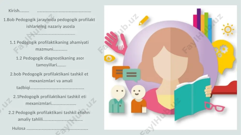 arbiya jarayonida muayyan, xususan, bir guruh o'quvchilarning fanlarni o'zlashtira olmasligi, ularda ijtimoiy-pedagogik talablarni bajarishda me'yordan og'ish holatining kuzatilishi kabi muammolarni yuzaga keltiradi. mavjud muammolarni bartaraf qilish maqsadida xix asrning oxiri va xx asrning boshlarida psixologiya sohasida turkum tadqiqotlar amalga oshirildi. natijada xx asarning dastlabki o'n yilliklarida "psixologik diagnostika" nazariyasi, so'nggi o'n yilliklarida esa "pedagogik diagnostika" nazariyalari asoslandi. ushbu nazariyalarning asosiy g'oyasi va tadqiqot yo'nalishini ta'lim sifatini real holatni tashxislash asosida tahlil qilish hamda baholash tashkil qiladi. namoyon bo'layotgan nuqsonlarni bartaraf etish, tuzatish choralarini belgilashga bo'lgan ijtimoiy-pedagogik ehtiyoj otmda "pedagogik diagnostika va korrek^ya" o'quv fanini o'qitish zarurligini ko'rsatdi. kursni tugatish ishining maqsadi: pedagogik profilaktika va uning asosiy tamoyillarini o’rganib chiqish va ularni tashxis etish. kursni tugatish ishining ob`ekti. pedogogik profilaktika ishlari va ularni tashkil etish mexanizmlari. kursni tugatish ishining predmeti: bolalarning ijtimoiy, ruhiy va ta'limiy muhitlarga moslashuv qobiliyatlarini oshirish. kursni tugatish ishining vazifalari: pedagoglar kasbiy mahoratining asosiy komponentlaridan biri o‘quv-tarbiya jarayonini …