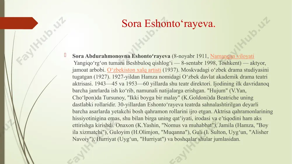 oli boʻlganini aktrisaning nozik raftor, mehr toʻla chehra, baxtiyor koʻz qarashlari va hazin kechinmali sahnalarida ifoda etildi. ketma-ket gonfilya (u. shekspir, "qirol lir"), iokasta (sofokl, "shoh edip"), katerina (a. ostrovskiy, "momaqaldiroq"), lyubov yarovaya (k. trenyov, "lyubov yarovaya"), komissar (vs. vishnevskiy, "hayotbaxsh oʻlim"), gusta fuchik (g. tovstonogov, a. bragin, "mangu hayot") va boshqalar obrazlari ijod namunasini yanada boyitdi. boy ila xizmatchi spektakilidan lavha ijro etgan obrazlari eshontoʻrayeva ijodida onalar obrazi talqiniga oʻtishi muhim ijodiy bosqich boʻlib, "jazoir — mening vatanim" (m.dib) spektaklidagi ayni dastlabki qadam boʻldi. sedzu (m. kaoru, "oʻgʻirlangan umr"), ona (k.yashin, "buxoro"), ona (v.delmar, "gʻariblar") kabi obrazlar turkumi yaratildi. eshontoʻrayeva qahramonlari xarakterini ijtimoiy va psixologik asoslarini chuqur ochib beradi, ularni ruhiy goʻzallik va optimistik ruh bilan taʼminlaydi. qahramonlari lirik nafosat va ayni chogʻda qahramonlik fazilatlariga ega. har tomonlama tahlil va tadqiq etish, samimiylik, kuchli hishayajon eshontoʻrayeva ijrochiligiga xos belgilardir. “gamlet” spektakilidan lavha sora eshontorayeva ‘ eshontoʻrayeva kino, telefilm, telespektakllarda …