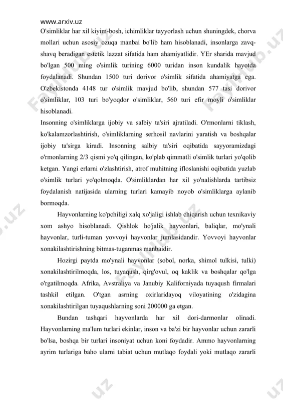 lari tashkil etilgan. o'tgan asrning oxirlaridayoq viloyatining o'zidagina xonakilashtirilgan tuyaqushlarning soni 200000 ga etgan. bundan tashqari hayvonlarda har xil dori-darmonlar olinadi. hayvonlarning ma'lum turlari ekinlar, inson va ba'zi bir hayvonlar uchun zararli bo'lsa, boshqa bir turlari insoniyat uchun koni foydadir. ammo hayvonlarning ayrim turlariga baho ularni tabiat uchun mutlaqo foydali yoki mutlaqo zararli deb bo'lmaydi. masalan : chug'urchiq yoz davrida juda ko'p hasharotlarni iste'mol qilib foyda keltirsa, kuz oylarida mevali bog'larga ziyon etkazadi. avstraliyada kora (kakadu) to'tiqushni qarag'ay urug'ini ko'plab eyishda va to'kib yuborishida ayblab yaqin vaqtlargacha kirib yuborilayotgan edi. keyinchalik juda aniq tekshirishlar va izlanishlar natijasida shu narsa aniqlandiki, to'tiqush o'zi uzib tushirgan urug'ning ma'lum qisminigina eb, qolgani yana unib chiqar ekan. shuningdek to'tiqush tushirgan qarag'ay bujurini (tunsiz yong'oq) kam mehnat sarflab terib olish mumkin ekan. shundan keyingina qora to'tiqushni foydali qush sifatida himoya qilishga kirishildi. zaharli ilonlarni yaqin vaqtlargacha ko'plab ushlanar va o'ldirib yuborilar edi. masalan: hindistonning ragnogari …