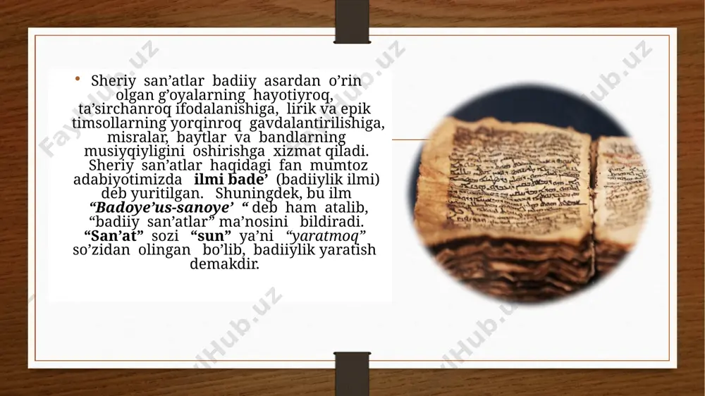ha ey sinuq ko‘nglum, agar xud shisha, gc po‘lod bo‘l. test topshiriqlari “venn diagrammasi” tashbeh ? ? tazod ? ? (tashxis - jonsiz narsalarni jonlashtirish) “jonlan” usuli …xazonrezgi shivirlar mayus, aytmoq istar menga nimadir. kuz shamoli tinch qo‘ymas afsus, xazon bugun yig‘lar negadir. tonglar otdi. quyosh tafti sust, qora qarg‘a izg‘ir negadir, kuz bargiday, sarg‘ayar sog‘inch, sochlari ham to‘zg‘ir negadir. vidolashar ko‘ngillar hanuz, daraxt quchib qo‘ymas negadir. bugun sovuq qanchalar yovuz, ko‘ngil mehr izlar negadir ... ? xazon yig‘ladi ? xazon shivirladi e’tiboringiz uchun rahmat! image5.png image6.png image7.png image8.png image9.png image10.png image11.png image12.png image13.png image14.png image15.png image16.png image17.png image18.png image19.png image20.png image21.png image22.png image23.png image24.png image25.png image26.png image27.png image28.png image29.png image30.png image31.png image32.png image33.png image3.png image4.png