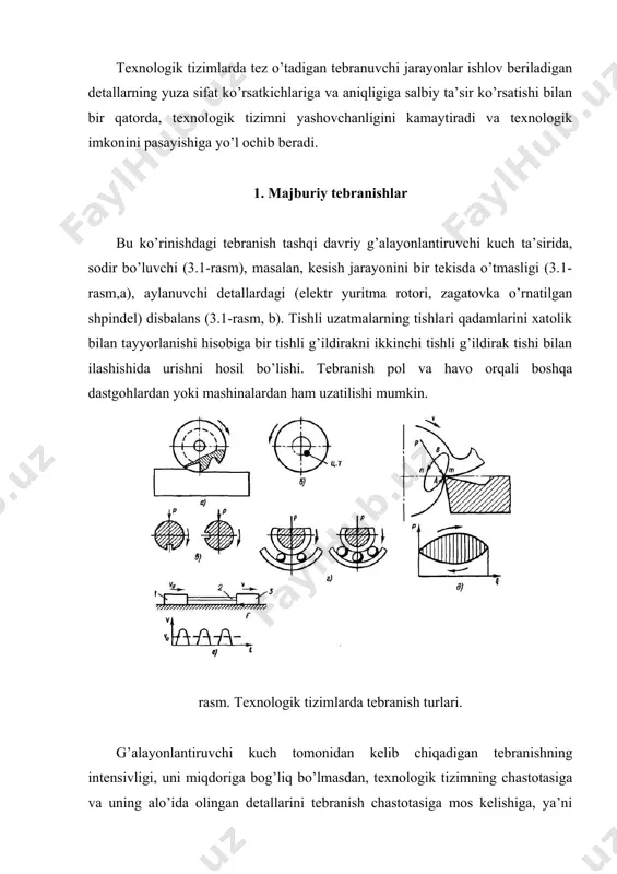 noaniqliklari) kamaytirish va texnologik tizimni bikirligini oshirish orqali amalga oshirish mumkin. 2. parametrik tebranishlar bu ko’rinishdagi tebranishlar o’zgaruvchan parametrlar ta’sirida sodir bo’ladi, ya’ni bunda tebranishni hosil qilish uchun o’zgaruvchan kuch asosiy rolni bajaradi. odatda bu xildagi parametr texnologik tizimni detalini yoki mexanizmini bikirligi bo’lishi mumkin. masalan, valdagi konstruktiv element hisoblanuvchi shponka ariqchasi (3.1-rasm,v) yoki tebranuvchi podshipniklardagi o’zgaruvchan bikirlik (3.1-rasm, g). bu o’zgarmas tashqi r kuch ta’sirida, valni tayanch nuqtaga nisbatan egilishi davriy o’zgarishga olib keladi. o’zgaruvchan bikirlik hisobidan paydo bo’luvchi tebranish, o’z xarakteriga va unga qarshi qo’llaniladigan usullarga nisbatan majburiy tebranishga yaqin turadi. kesish jarayonida avtotebranish. dastgohda olib borilayotgan mexanik ishlov berish jarayonida dastgoh, moslama, kesuvchi asbob va detal har xil shaklga ega bo’lgan xarakterda tebranadi. avtotebranishda (so’nmaydigan, o’z-o’zini kuchaytirib turuvchi tebranishda) tizimni tebranishini saqlab turuvchi kuch, tebranish jarayonida sodir bo’ladi. avtotebranish jarayonini nazariy tomondan tushuntirish yo’llari ko’p bo’lib, ulardan quyidagisini misol tariqasida ko’rib chiqish mumkin. misol. keskichni zagatovkaga nisbatan …