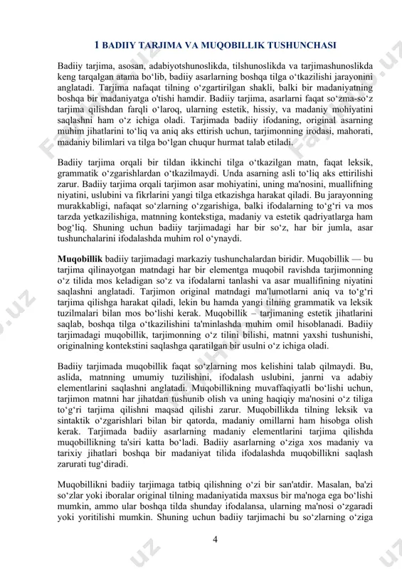 chi bu so‘zlarning o‘ziga xosligini, ularning madaniy va ma'naviy mohiyatini anglab yetishi, ular uchun to‘g‘ri muqobil topish va bu muqobilni yangi tilga moslashtirishni bilishi kerak. har bir so‘zning, har bir iboraning tarjimasi muqobillik orqali aniq va sifatli amalga oshiriladi. muqobillik va adekvatlik, badiiy tarjimadagi asosiy tamoyillar sifatida, bir-birini to‘ldiruvchi tushunchalar hisoblanadi. adekvatlik – bu tarjima qilingan matnning original asar bilan to‘liq mos kelishini ta'minlashni bildiradi. tarjimada adekvatlikni saqlash, asar mohiyatining, tuyg‘ularining va fikrlarining o‘zgarishsiz yetkazilishi zarurligini anglatadi. badiiy tarjimadagi adekvatlik, tarjimonning asar va uning muallifining niyatini to‘g‘ri tushunishini talab qiladi. badiiy tarjima faqat so‘zlarni tarjima qilishdan iborat emas, balki asarning uslubiy va estetik jihatlarini, u orqali berilgan ma'naviy va ruhiy xabarni saqlab qolishni ham o‘z ichiga oladi. adekvatlikni saqlashda, tarjimon o‘z tilining lug‘at boyligini, madaniyatini, adabiy uslublarini va to‘g‘ri tarjima qilishning barcha nuanslarini hisobga olishi kerak. adekvat tarjima – bu nafaqat so‘zma-so‘z tarjima, balki asl asarning ruhini, tuyg‘ularini, maqsadlarini, muallifning …