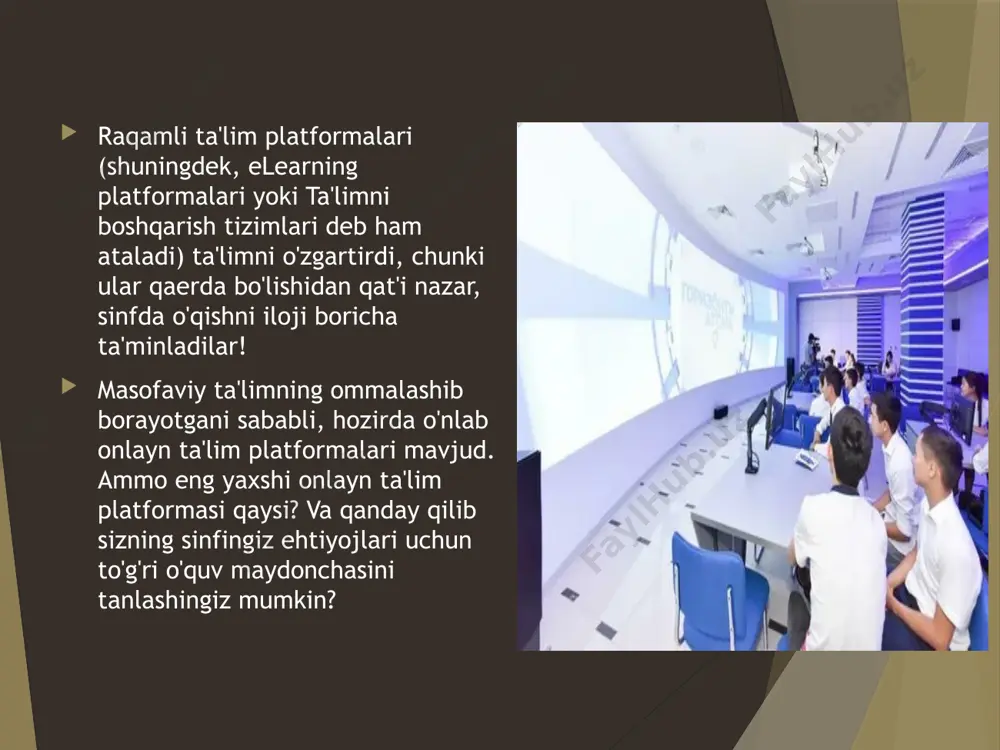 werschool tomonidan sotib olingan schoology, boshlang'ich, o'rta va o'rta maktab o'quvchilari uchun moslashtirilishi mumkin bo'lgan onlayn ta'limni engillashtirish uchun mo'ljallangan. garchi u powerschool-ga tegishli bo'lsa-da, schoolology butunlay alohida mahsulotdir. ushbu onlayn o'qitish platformasi o'qituvchilarga interaktiv baholarni yaratishga, o'quvchilarning bilim darajalariga qarab tez sur'atlarda o'rganishga va o'quvchilarga qanday o'rganishlarini tanlashga imkon beradigan dizayn tadbirlariga yordam beradi. google classroom google classroom turli sohalarda foydalanish uchun mo'ljallangan bo'lsa-da, k-12 ta'limi va kollej shaharchalarida onlayn o'qitish uchun eng yaxshi tanlovdir. google classroom google-ning asosiy dasturlari - google docs, sheets, slides, gmail va calendar-ni o'qituvchilar va talabalarning o'zaro munosabatlarini boshqarish uchun soddalashtirilgan platformaga birlashtiradi. image1.jpeg image2.jpeg image3.jpeg image4.jpeg /docprops/thumbnail.jpeg