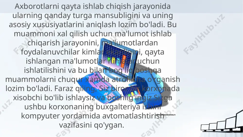 i. iqtisodiy axborotlar boshqarishning quroli bo'lib xizmat qilib, bir vaqtning o'zida boshqarishning ajralmas elementi bo'lib hisoblanadi. iqtisodiy axborotni boshqaruv axborotining rang-barangligi sifatida qarash mumkin, ya'ni, ular xalq xo'jaligini boshqarishning tashkiliy - iqtisodiy masalalarining tashkiliy echimini ta'minlaydi. zero, iqtisodiy axborotlar xalq xo'jaligi va uning tarmoqlarining holatini aks ettiradigan ma'lumotlar to'plamidan tashkil topadi. iqtisodiy axborotlar ishlab chiqarish yoki noishlab chiqarish sohalarida amalga oshiriladigan boshqarish jarayonining axborotlaridan ajralmasdir. shuning uchun ham iqtisodiy axborot xalq xo'jaligining barcha tarmoqlarida, tabiiyki barcha umumdavlat boshqaruv organlarida keng qo'llaniladi. axborotlar boshqarish jarayonida muhim rol o'ynaydi. bu narsa, ayniqsa hozirgi paytda, bozor iqtisodiyoti sharoitida juda ham katta ahamiyatli hisoblanadi. nainkim, bu davr axborotlar oqimining kattaligi, xilma-xilligi va murakkabligi bilan izohlanib, ularni operativ ravishda boshqaruv organlariga etkazib berish va kerakli echimlar qabul qilishda foydalanish-xalq xo'jaligida boshqaruv jarayonini takomillashtirishning muhim sharti bo'lib xizmat qiladi. xo'sh, axborot va ma'lumot nima? "axborot" lotincha "informatio" so'zidan olingan bo'lib qanaqadir, nimadir xabar berishni,qanaqadir fakt va …