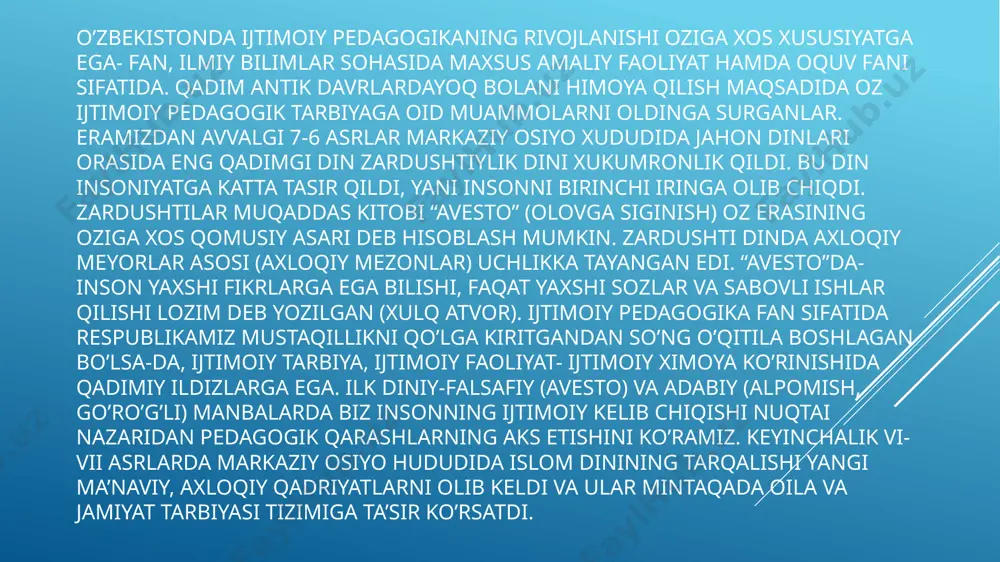 o’zaro munosabatlarning shakllanishiga olib keldi. moddiy barqarorlik va ishlab chiqarish hamda savdo rivoji ehtiyojlariga asoslangan yangi ijtimoiy-iqtisodiy holat ma’naviy va madaniy hayotning yuksalishiga, dunyoviy ilm va fanlarning gullab-yashnashiga, fors, arab, qadimgi yunon madaniyati yutuqlarini o’zlashtirishga yordam berdi. “avesto” va jamiyatning ijtimoiy hayoti eramizdan oldingi minginchi yillarning o`talarida eng qadimgi ajdodlarimiz tomonidan qahramonlik mazmunidagi juda ko`p afsonalar, rivoyatlar aytilgan bo`lib, ular zardushtiylik dinining muqaddas kitobi «avesto»ga kiritilganavesto”ning katta qismi bilgan “ yasna’larda inson kamolini korsatuvchi axloq–odob mezoni ana shu uchlikda xumata (gumata)–yaxshi fikr, xukta (gukta) – yaxshi soz va xvarsha (gvarshta)–yaxshi ishlarda ifodalanadi. “men yaxshi fikr, yaxshi soz, yaxshi ishga shon shavkat baxsh etaman. men yaxshilikdan iborat qonunga shon shavkat baxsh etaman” (“yasna”, 14), deyiladi. “avesto” tadqiqotchisi a.o.makovelskiy inson fikri, sozlari va ishlariga ikki qaramaqarshi kuch: voxu mana (“ezgu fijr”) va apo mana (“yoviz fikr”) tasr korsatadi deydi. barcha fikrlar, sozlar va ishlar ichida aslida ezgulik va yovizlik yotadi. “yaxshi fikr” …