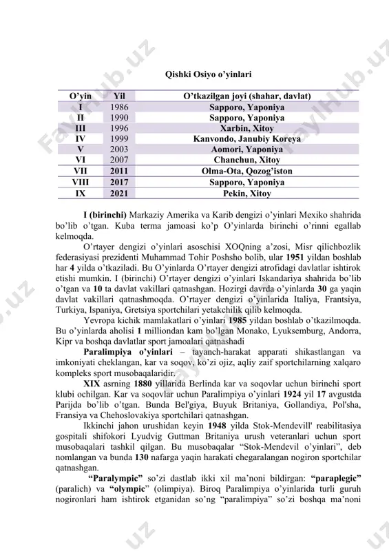 kiradi. regional o’yinlar olimpizm g’oyalari asosida o’tkaziladi. markaziy amerika va karib dengizi o’yinlari 1926 yildan boshlab o’tkaziladi. hozirgi davrda bu o’yinlarda 20 gan ortiq davlat vakillari qatnashmoqda. yozgi osiyo o’yinlari o’yin yil shahar, davlat davlat sport turi sportchi soni i 1951 dehli, hindiston 11 6 500 ii 1954 manila, filippin 18 8 1241 iii 1958 tokio, yaponiya 20 13 1692 iv 1962 jakarta, indoneziya 17 13 1527 v 1966 bangkok, tailand 18 14 2500 vi 1970 bangkok, tailand 18 13 2500 vii 1974 texron, eron 25 16 3000 viii 1978 bangkok, tailand 25 19 4000 ix 1982 dehli, hindiston 33 21 4500 x 1986 seul, janubiy koreya 27 25 4839 xi 1990 pekin, xitoy 37 27 6122 xii 1994 xirosima, yaponiya 42 34 7300 xiii 1998 bangkok, tailand 41 36 9141 xiv 2002 pusan, koreya 44 38 9919 xv 2006 doha, qatar 45 37 8753 xvi 2010 guanchjou, xitoy 42 …
