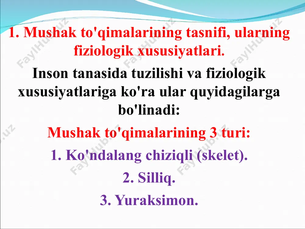 yatlarga ega: 1. qo‘zg‘aluvchanlik. 2. o'tkazuvchanlik. 3. kontraktillik (uzunlik yoki kuchlanishning o'zgarishi) va dam olish qobiliyati. 4. elastiklik - cho'zilgan paytda kuchlanishni rivojlantirish qobiliyati yosh bolalarning jismoniy rivojlanishining xususiyatlari. 1 yoshdan 3 yoshgacha bo'lgan bolaning rivojlanish davri erta yosh deb tasniflanadi. va bu ikki yil chaqaloqning faol jismoniy rivojlanishi bosqichidir: vazn va balandlikning sezilarli darajada oshishi, ichki organlar va ularning ishini yaxshilash, mushak tizimini mustahkamlash va kuchli vosita faoliyatining namoyon bo'lishi. 2-3 yoshli bolalarning jismoniy rivojlanish ko'rsatkichlari: bu davrda jismoniy rivojlanishning asosiy farqi shundaki, u asosiy harakatlarni mustaqil ravishda, qo'llab-quvvatlash va yordamisiz amalga oshiradi va kattalarning namunasi yoki og'zaki ko'rsatmalariga muvofiq harakat qilishi mumkin. bola yuradi, yuguradi, ikki oyoqqa sakradi, cho'kadi, polda yotgan to'siqdan o'tadi, eğimli taxta bo'ylab yuradi, oyoq uchida yuradi; to'pni kattalar va bolaga tashlaydi, nishonga tashlab, zarba berishi mumkin; to'pni ikki qo'l bilan ushlab oladi; kattalarning harakatlariga taqlid qiladi; bir vaqtning o'zida bir nechta harakatlarni bajaradi, masalan, …