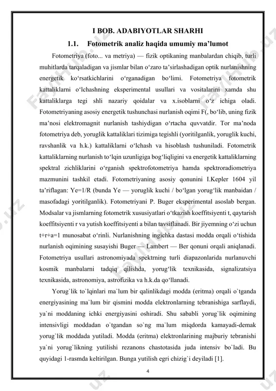 gan kyuveta qalinligiga va yorug’lik yutuvchi modda konsentratsiyasiga to’g’ri proporsional. lg jo / j = k· c· l a = k· c· l yoki a = 10 - k· c· l a- optik zichlik jo- kyuvetaga kiruvchi nur intensivligi j – kyuvetadan chiquvchi nur intensivligi k- yorug’likni yutilish koeffitsienti ( εm yoki e% ) s- konsentratsiya l- kyuveta qalinligi optik zichlikning fizik ma’nosi: kiruvchi va chiquvchi nurlar intensivligi nisbatining logarifmi qiymatiga teng. qonun qat’iy monoxromatik nur uchun to’g’ri keladi. qonundan chetlanish sabablari: 1. kimyoviy muvozanatning siljishi; 2. polixromatik nur qo’llanganda; 3. asbob nosozligi oqibatida bo’lishi mumkin [4,5,6]. 1.2. fotometrik tahlil usullarining qo’llanilishi va mohiyati fotokolorimetriya – tekshiriluvchi eritmadan, monoxromatik bo’lmagan nur intensivligini fotoelektrokolorimetrda (fek) fotoelement yordamida o’lchashga asoslangan. mohiyati: yorug’lik manbaidan (cho’lg’am lampa) chiqayotgan aralash oq nur rangli shishachalar (nursuzgich) yordamida monoxromatlanadi va tekshiriluvchi eritma quyilgan kyuvetadan o’tkazilib, detektorda, ya’ni fotoelementda o’lchanadi. hozirgi vaqtda bir nurli va ikki nurli fek …