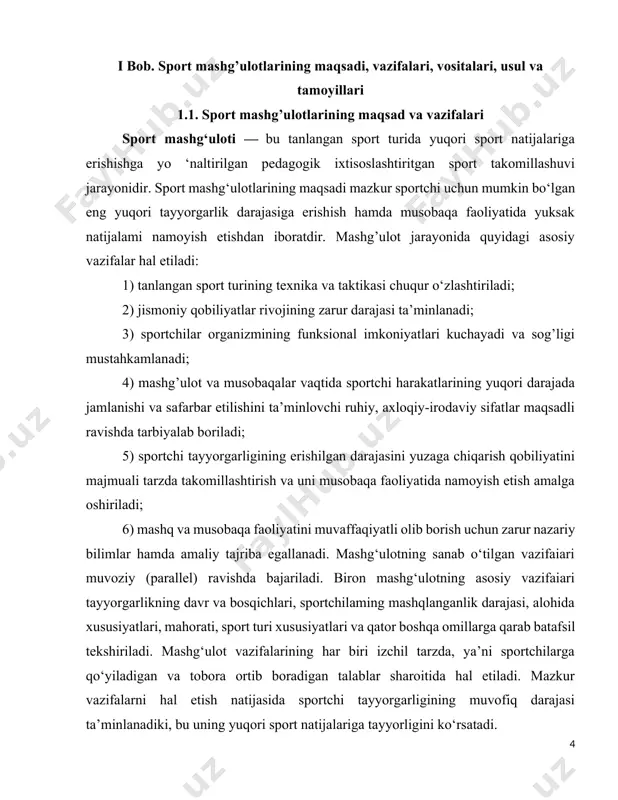 nning xususiyatlarini hisobga olgan holda shakllanadigan har xil jismoniy mashqlar bo‘lib, ular to‘rt asosiy guruhga bo’linadi: umumtayyorlovchi, yordamchi, maxsus tayyorlovchi va musobaqa tfiashqlari. ular yordamida sportchilarning sport mahorati darajasini ko’tarish mumkin. jismoniy mashqlar jismoniy tarbiyaning asosiy vositasi hisoblanib, ular yordam ida sportchi organizmiga aniq maqsadi ta'sir kо’rsatiladi, shuningdek, ular yordamida о‘quv-mashq darslarini samarali tashkil etish hamda о'tkazish uchun sharoit yaratiladi, bu jarayonda sog’lomlashtiruvchi ta'lim va tarbiyaga oid vazifalar hal etiladi. sport mashg’ulotlarining yordamchi vositalariga: tabiiy muhitga bog‘liq, tibbiy-biologik, ruhiy va moddiy-texnik vositalar kiradi. um um tayyorlovchi mashqlar sportchi organizmining har tomonlama funktsional rivojlanishiga yordam beradi. ular tanlangan sport turi xususiyatlariga mos bo’lishi va ayni vaqtda u bilan muayyan ziddiyatda bo’lib, har tomonlama, uyg‘un jism oniy rivojlanish muammolarinigina hal qilishi mumkin. umumrivojlantiruvchi mashqlar tarkibiga: sport gimnastikasidan (qo’l, oyoqlarning turli harakatlari, predmet bilan, predmetsiz, sherik bilan va sheriksiz, turgan joyda va harakatda), yengil atletikadan, sport o’yinlaridan, akrobatikadan olingan mashqlar kirishi mumkin. bular …