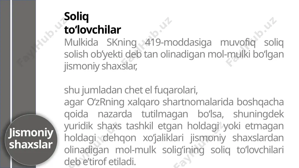 soliq solishdan ozod etiladi: imtiyoz 3) sobiq sssrni, oʻzrning konstitutsiyaviy tuzumini himoya qilish yoxud harbiy xizmatning yoki ichki ishlar organlaridagi va oʻzr milliy gvardiyasidagi xizmatning boshqa majburiyatlarini bajarish chogʻida yaralanganligi, kontuziya yoki mayib boʻlganligi oqibatida yoxud frontda boʻlish bilan bogʻliq kasallik tufayli halok boʻlgan harbiy xizmatchilarning hamda ichki ishlar organlari va oʻzr milliy gvardiyasi xodimlarining ota-onalari hamda beva xotinlari (beva erlari). quyidagilarning mulkida boʻlgan mol-mulk soliq solishdan ozod etiladi: imtiyoz 4) energiya resurslarining amaldagi tarmoqlaridan toʻliq uzib qoʻyilgan turar joylarda qayta tiklanadigan energiya manbalaridan foydalanuvchi shaxslar qayta tiklanadigan energiya manbalari oʻrnatilgan oydan e’tiboran uch yil muddatga. quyidagilarning mulkida boʻlgan mol-mulk soliq solishdan ozod etiladi: imtiyoz 5) yetim bolalar va ota-ona qaramogʻidan mahrum boʻlgan bolalar. mazkur imtiyoz yetim bolalarga va ota-ona qaramogʻidan mahrum boʻlgan bolalarga davlat tomonidan ajratiladigan uy-joy uchun ular yigirma uch yoshga toʻlguniga qadar amal qiladi. quyidagilarning mulkida boʻlgan mol-mulk soliq solishdan ozod etiladi: imtiyoz ushbu moddada koʻrsatib oʻtilgan …