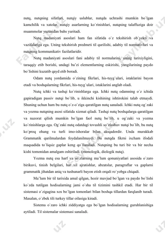 tili turkey tillar oilasiga kiradi. sistema o`zaro ichki ziddiyatga ega bo`lgan hodisalarning guruhlanishiga aytiladi. til sistemalar sistemasi sanaladi. biror til jamoasida til sistemasida mavjud bo`lgan imkoniyatlarning foydalanib kelinayotgan qismi uzus deyiladi. uzus bir tilni boshqasidan ajratib turadigan shartlarni ham, tilning ichki normalarini ham o`z ichiga oladi. uzusli so`zlar yig`iq so`zlar yig`indisiga quyidagilarni kiritish mumkin: 1-dialektal leksika; 2-so`zlashuv leksikasi; 3-an’anaviy leksika; 4-kitobiy leksika; 5-ilmiy-terminologik leksika; 6-kasb-hunar leksikasi 7- arxoizmlar; 8-tarixiy leksika til jamoasi afzal deb bilgan ko`nikmalar yig`indisi tilning umumiy me’yorni tashkil etadi. umumiy me’yor usual me’yordir. umumiy me’yor qardosh tillarga nisbatan belgilanadi. o`zbeklar nutqini qardoshlar tilidan ajralib turadigan me’yorlar o`zbek tilining umumiy me’yoridir. bu me’yor juda qattiq amal qiladi. ma’lum bir hududda tarqalgan uzus imkoniyatlari o`sh hududida yashaydigan aholi uchun beistisno tushunarli bo`ladi. adabiy til – hamma birdek foydalanadigan til. uning umumxalqiyligi shunda ko`rinadi. me’yor ma’lum bir til jamoasi uchun mustahkam qo`llanib kelayotgan lisoniy hodisalar yig`indisidir. 1. fonetik me’yori. 2. …