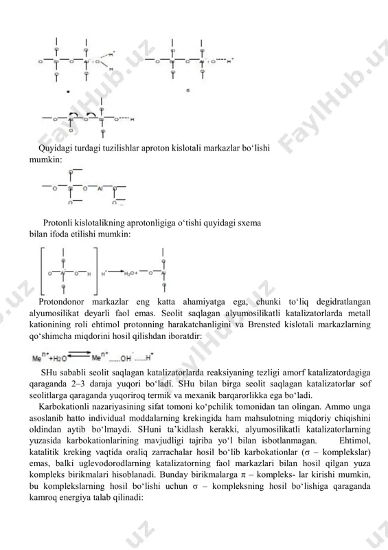 neft sanoatida katalitik kreking. alyumosilikatli katalizatorlarda sodir bo‘ladigan katalitik kreking neftni qayta ishlash sanoatining ko‘p tonnali jarayonlaridan biri bo‘lib hisoblanadi. 300 – 500 0c chegarasida haydaladigan turli neftlarning vakuumli distilyatlaridan yuqori oktanli benzinni olish jarayonining maqsadli vazifasi bo‘lib hisoblanadi. katalitik krekingni seolit saqlagan katalizatorlarda 450–530 0c da atmosfera bosimiga yaqin bo‘lgan bosimda (0,07 – 0,3 mpa) olib boriladi. katalitik kreking qurilmalarida yuqori oktanli benzindan tashqari uglevodorodli gaz, engil va og‘ir gazoyllar olinadi. mahsulotlarning miqdori va sifati qayta ishlanayotgan xomashyo, katalizatorning tavsifi hamda jarayon tartibiga ham bog‘liq bo‘ladi. quyida seolit saqlagan katalizatorlarda katalitik kreking qurilmalarining material balansi keltirilgan (xo mashyo – oltingugurtli neftning vakuumli distillyati i, shuning o‘zi gidrotozalashdan keyin ii):uglevodorodli gaz c3 – c4 fraksiyaning 75–90 % miqdorini o‘zida saqlaydi. katalitik riforming katalitik riforming – benzinlarning detonatsiya barqarorligini oshirish va arenlarni, asosan benzol, toluol va aromatik kislotalarni olish uchun mo‘ljallangan jarayon hisoblanadi. jarayonni yuqori haroratda (500 0c atrofida), vodorodning bosimi …