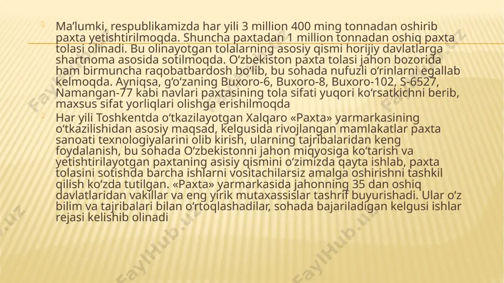 qiymati pasayadi, va uning sifati yomonlashadi, yigirish va to‘qish jarayonlarida ko‘proq uziladi, natijada mashinalarning ish unumi pasayadi. paxtadagi asosiy xas – cho‘plar va nuqsonlar quyidagilar iflosliklar – maydalangan barglar, chanoqlar, g‘o‘za shoxlari va h.k. bular tolalarga yopishgan holda bo‘lib, ularni yo‘qotish ancha qiyin hisoblanadi tolali o‘lik – paxta tozalashda paydo bo‘lgan uzuq tolalar, maydalangan xas-cho‘plar va yetilib pishmagan, tolalari turlicha paxmaygan chigitlardan iborat aralashma. kasallangan va zararlangan tolalar - g‘o‘za o‘simligi kasallangan bo‘lsa (biologik nuqson) va paxtani paxta zavodida hamda ip yigiruv fabrikalarida ishlashda (mexanikaviy nuqson) hosil bo‘lishi mumkin. maydalangan chigit (chigit bo‘lakchalari – paxtani dastlabki ishlashda hosil bo‘ladi. ular yanada maydalanib, tolalar yopishgan po‘stchalarga aylanishi mumkin. bunday nuqson yigiruv fabrikalari uchun eng zararli nuqson bo‘lib, yigirilgan ipda ham uchrashi mumkin tolalar yopishgan po‘stchalar - zararli nuqsonlardan hisoblanib, paxtani dastlabki ishlashda chigitlarning maydalanishi natijasida, titish va savash mashinalarida hosil bo‘ladi. bular tolaga mahkam yopishib oladi va ularni ajratish ancha qiyin. …