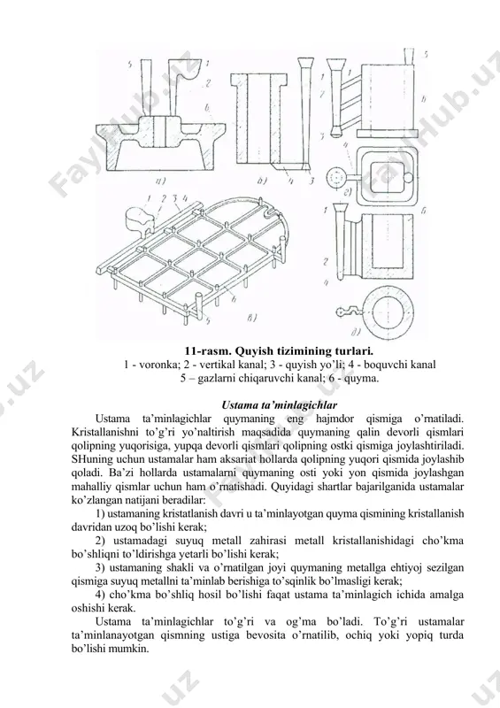 rnatish bilan amalga oshiriladi. bunda ta’minlagichning o’rnatish nuqtasi qalin va yupqa devorlar nisbati, xamda quymaning hajmidan kelib chiqqan hollar hisoblanadi. shunda ichki kuchlanish, yoriqlar va yemirishlar hosil bo’lishining oldi olinadi. katta uzunlikka ega bo’lgan turli qalinlikdagi devorlari mavjud quymalar aynan shunday loyihalashtiriladi. katta hajmdagi qismlarning ta’minoti qo’shimcha metall uzatish (ustama metall) bilan amalga oshiriladi. kul rang cho’yanning cho’kma bo’shliq hosil qilish xususiyati past bo’lgani sababli ta’minlagichlari yupqa devorli qismlarga o’rnatiladi. shunda yupqa va qalin devorlarning kristallanish davri tenglashib, ichki kuchlanishlar va yoriqlar hosil bo’lishining oldi olinadi. past oquvchanlikka ega bo’lgan magniy qotishmalaridan quymalar olishda ta’minlagichlar ko’p miqdorda talab etiladi va ular quymaning har tomonidan loyihalashtiriladi. quymalarda torayib boruvchi quyish tizimlari fustun > fshl.tut >fta’min va kengayib boruvchi quyish tizimlari fustun <fshl.tut <fta’min qo’llaniladi. bu yerda fustun, fshl.tut, fta’min - tizim ustuni, shlak tutgichi va ta’minlagichlarning kundalang kesim yuzalari. torayib boruvchi quyish tizimlari shlakni yaxshiroq tutib qoladi, havo injektsiyasini kamaytiradi, suyuq …