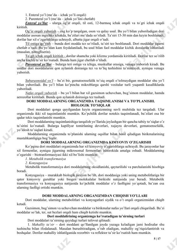 g qay tarzda o’zgarishi, ularning zararli va nojo’ya ta’sirlari ko’rib chiqiladi. umumiy farmakologiyaning sir-asrorlari odatda ikkita asosiy parametr bo‘yicha o‘rganiladi. bular – farmakokinetika va farmakodinamikadir. farmakokinetika – bu dori moddalarining organizmga kiritish yo‘llarini, undagi so‘rilishini, taqsimlanishini, depolanishini, parchalanishini va chiqarib yuborilishini o‘rganuvchi bo‘lim hisoblanadi. farmakodinamika – bu dori moddalarining biologik samaralarini, shuningdek, ularning ta’sir mexanizmlarini va ta’sir qilish joylari (lokalizasiyasi) ni o‘rganuvchi bo‘limdir. dori vositalarni organizmga yuborish yo’llari dorilarning ta’sir qilish tezligi, kuchi va muddati ularni organizmga yuborish yo’llariga ko’p jihatdan bog’liq dir. shu bilan birga bu yo’llarning har biri o’z xususiyati bilan ajralib turadi. dorilarni organizmga yuborishning barcha yo’llari asosan 2 guruhga bo’linadi: 1. enteral yo’l (me’da – ichak yo’li orqali) 2. parenteral yo’l (me’da – ichak yo’lini chetlab) enteral yo’llar - ularga og’iz orqali, til osti, 12-barmoq ichak orqali va to`gri ichak orqali kiritish. og’iz orqali yuborish – eng ko’p tarqalgan, oson va qulay usul. bu yo’l bilan …
