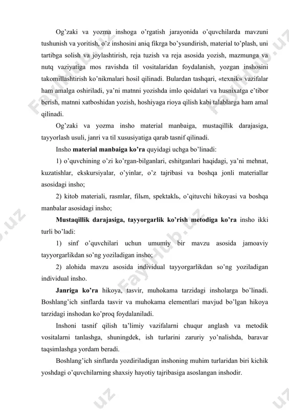 ablarda tez-tez o’tkaziladi, chunki rasm bolalar nutqiy ijodini, tasavvurini boyitishga xizmat qiladi. rasm bolalar sezgisiga ta’sir etadi, hayotning bola tajribasida hali uchramagan tomonlarini ochadi. rasm o’quvchilarga tanish bo’lgan hodisalarni chuqur anglashga ham yordam beradi. rasm asosidagi inshoning uch asosiy turi bor: 1) rasmlar seriyasi yoki rasmli reja asosida yoziladigan hikoya tarzidagi insho; 2) syujetli, o’quvchilarni o’ylashga, faraz qilishga undaydigan bir rasm asosida yoziladigan hikoya tarzidagi insho; o’quvchilar avval rasmlar seriyasi asosida, so’ng bir rasm asosida, undan so’ng tasviriy insho yozish (rasmni tasvirlash)ga o’rgatiladi. dasturga ko’ra, 1-sinf o’quvchilari o’yinlari, mehnatlari, voqea-hodisalar haqidagi taassurotlari asosida o’qituvchi rahbarligida hikoya tuzishlari va uni ma’lum tayyorgarlikdan so’ng yozishlari, 2 - sinfda rasmlar seriyasi asosida kichik hikoya tuzish va uni jamoa tarzda tuzilgan reja asosida yozish, tabiatni kuzatish va mehnat jarayoni haqida, bolalarning o’yinlari, ishlari, sayillari haqida, avval o’qituvchi rahbarligida, keyin mustaqil ravishda kichik hikoya tuzish va uni yozish, shaxsiy ishlari haqida xat yoza olishlari, 3 …